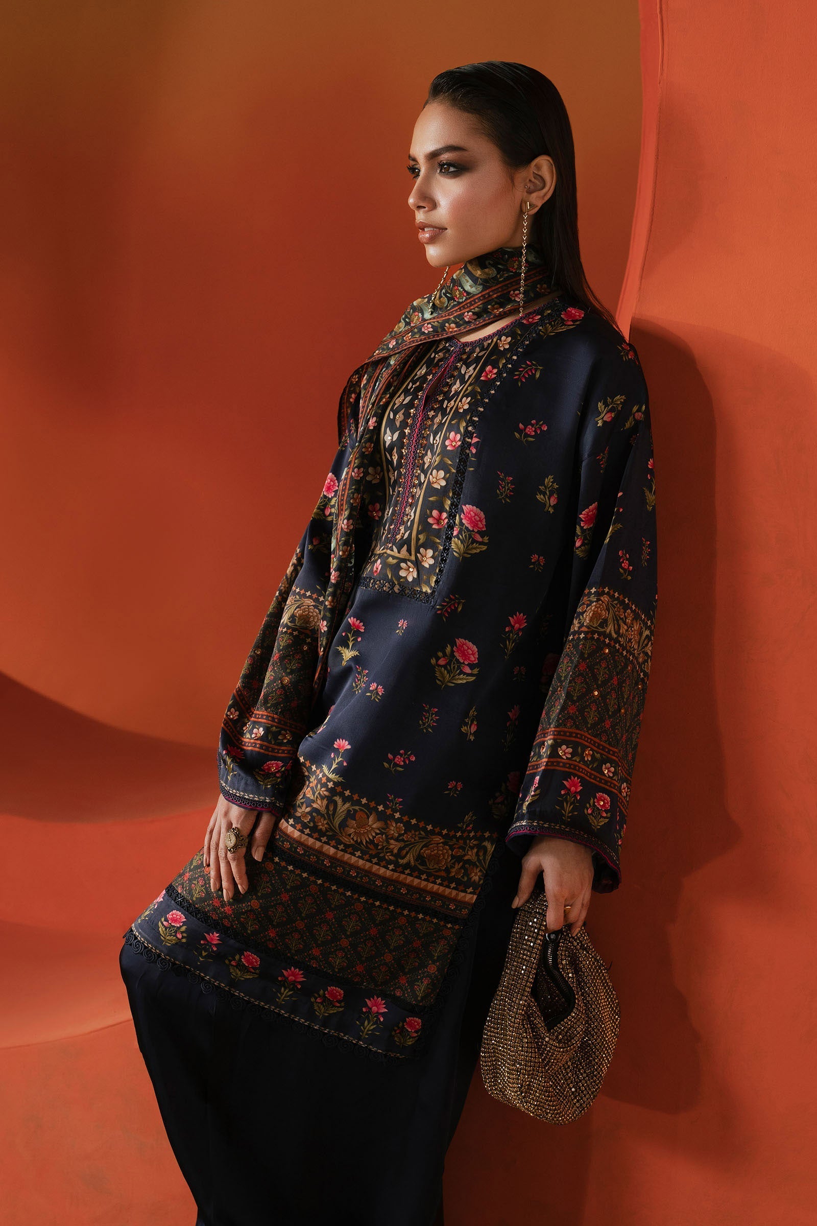 3 Piece Printed Satin Silk Suit