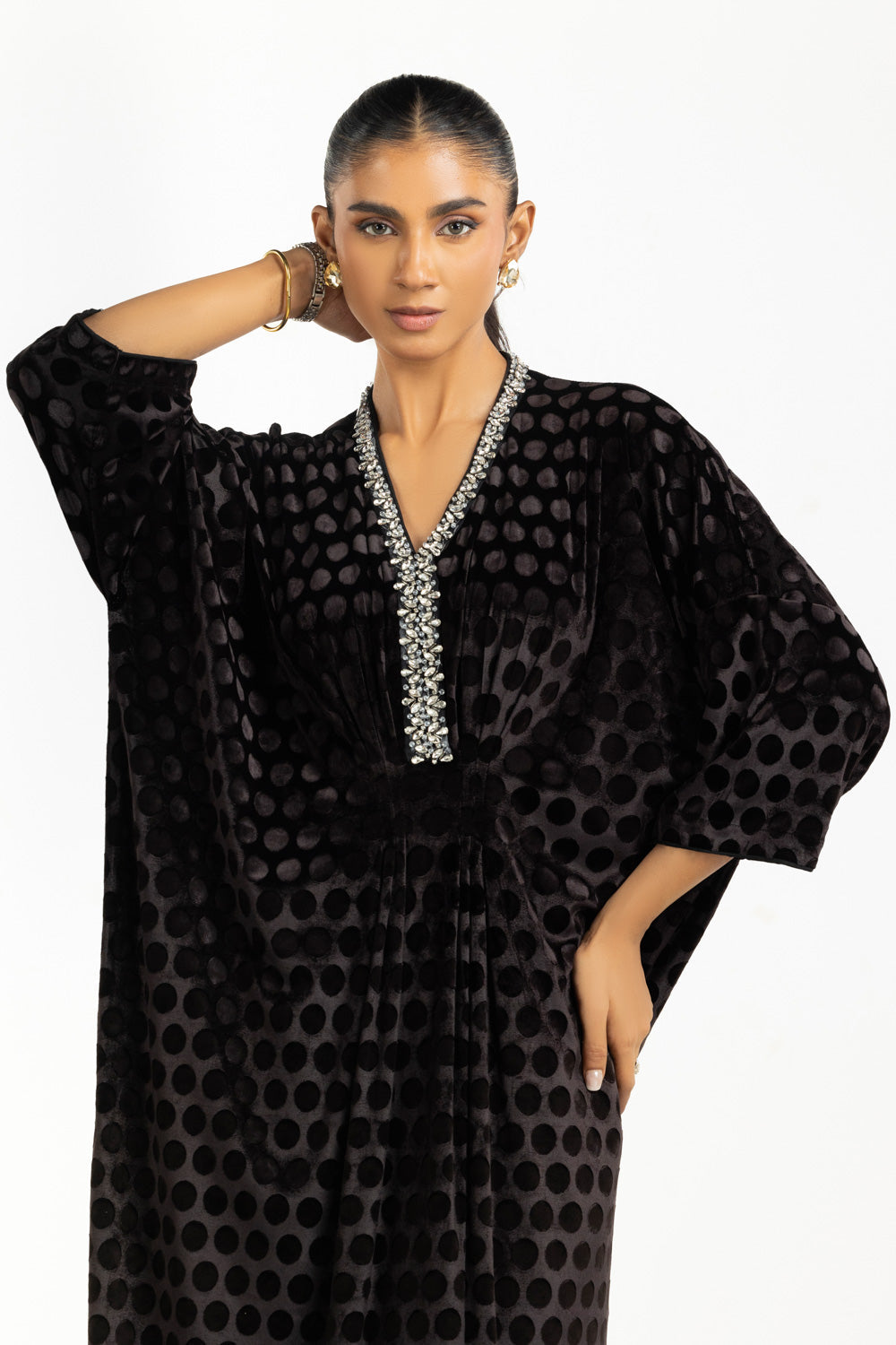 Velvet Polka Dots Embellished Kaftan
