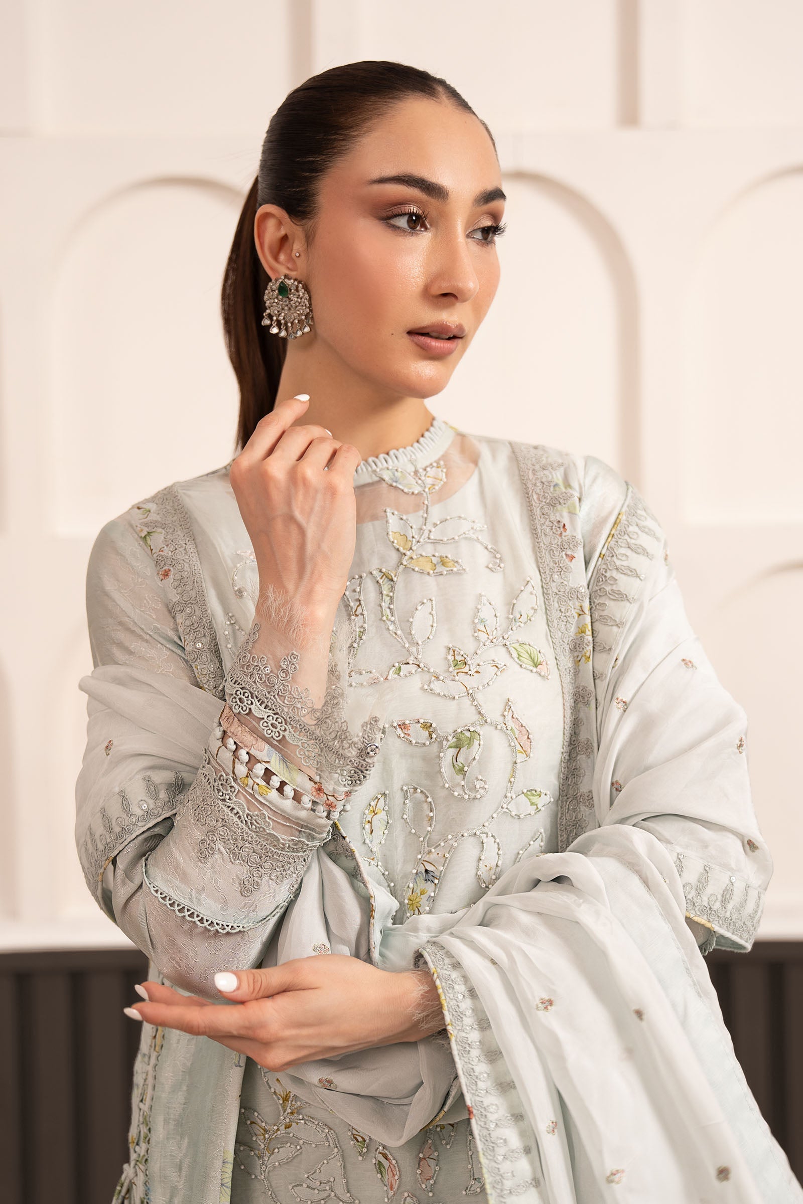 3 Piece Embroidered Raw Silk Suit