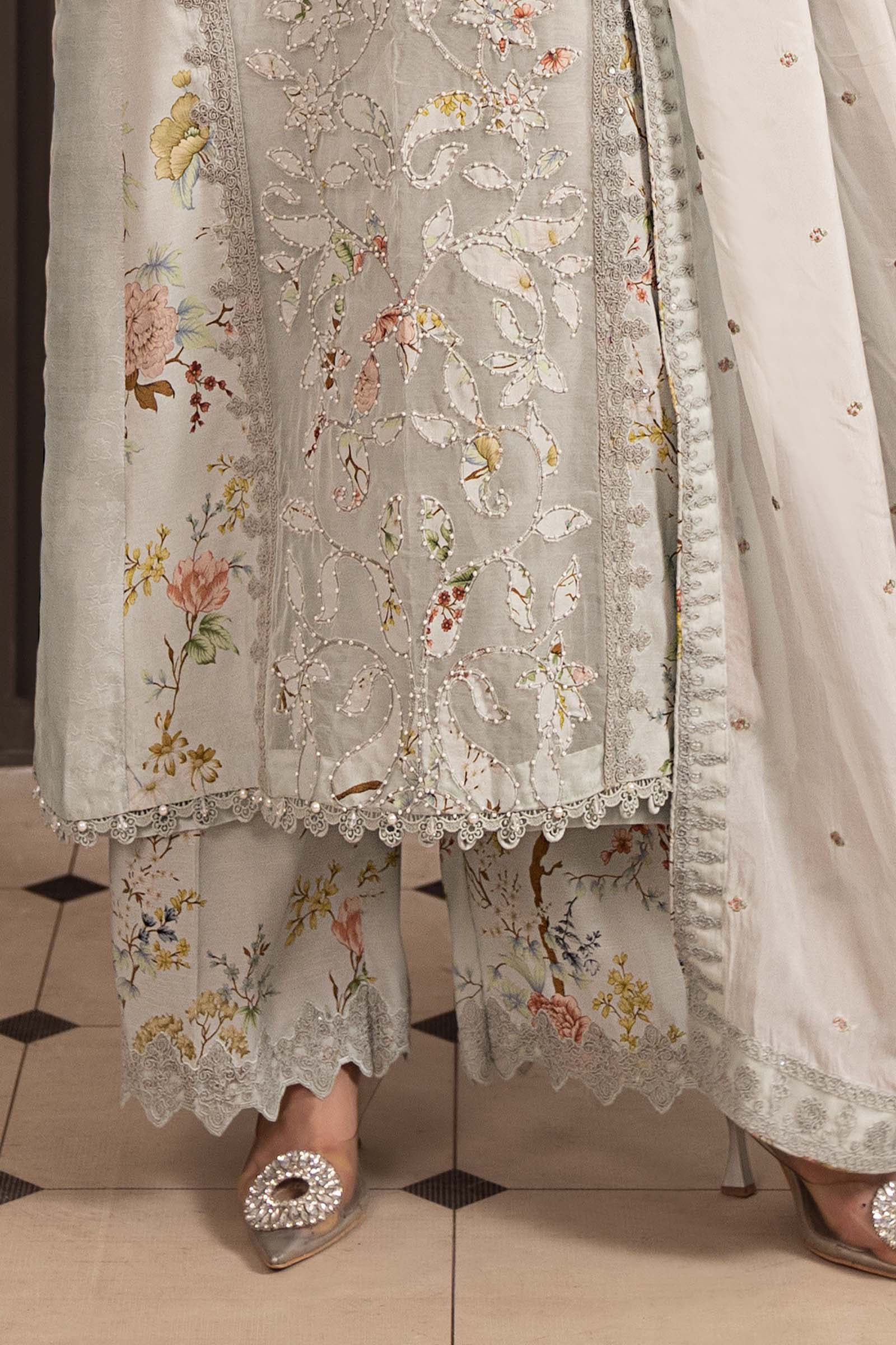 3 Piece Embroidered Raw Silk Suit