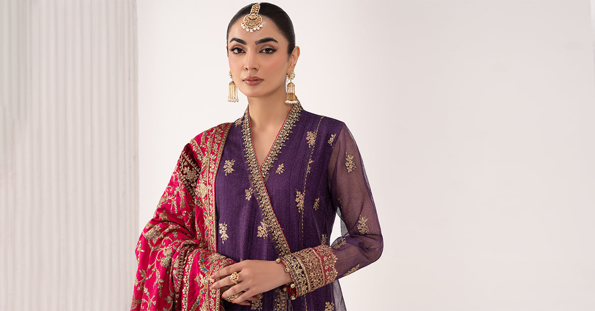 3 Piece Embroidered Zari Net Suit