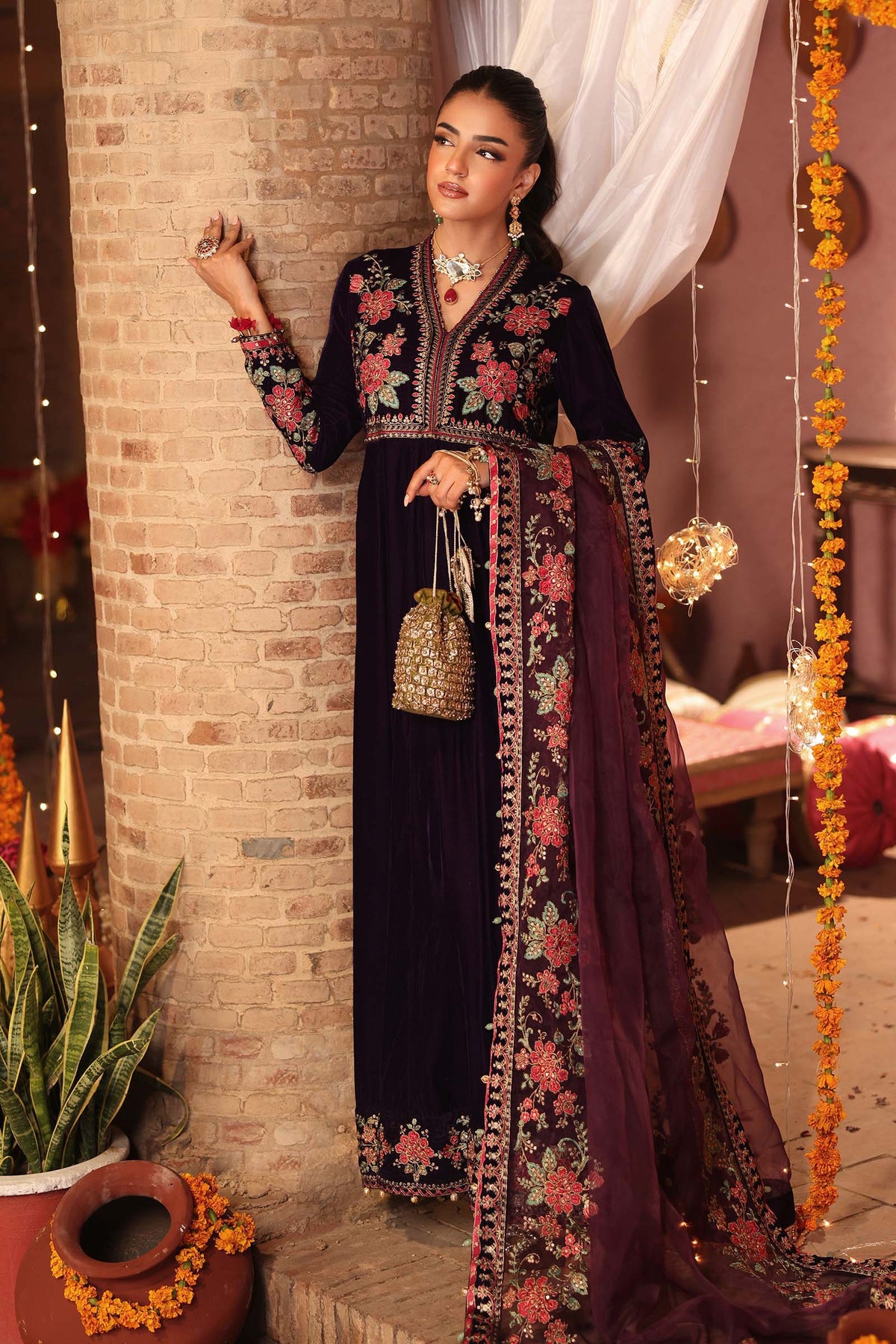 3 Piece Embroidered Velvet Suit