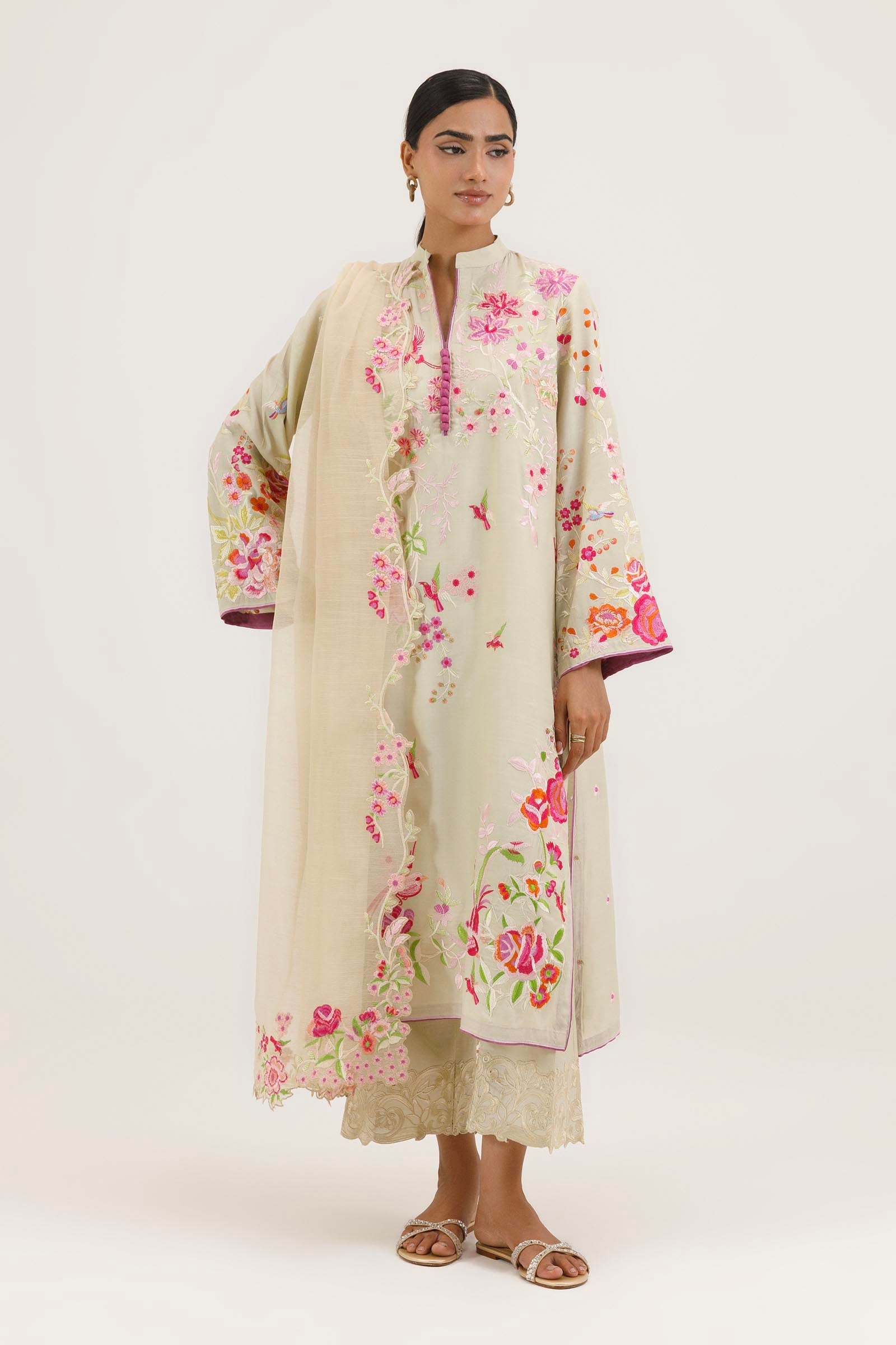 Stitched Embroidered Raw Silk Shirt+ Culotte