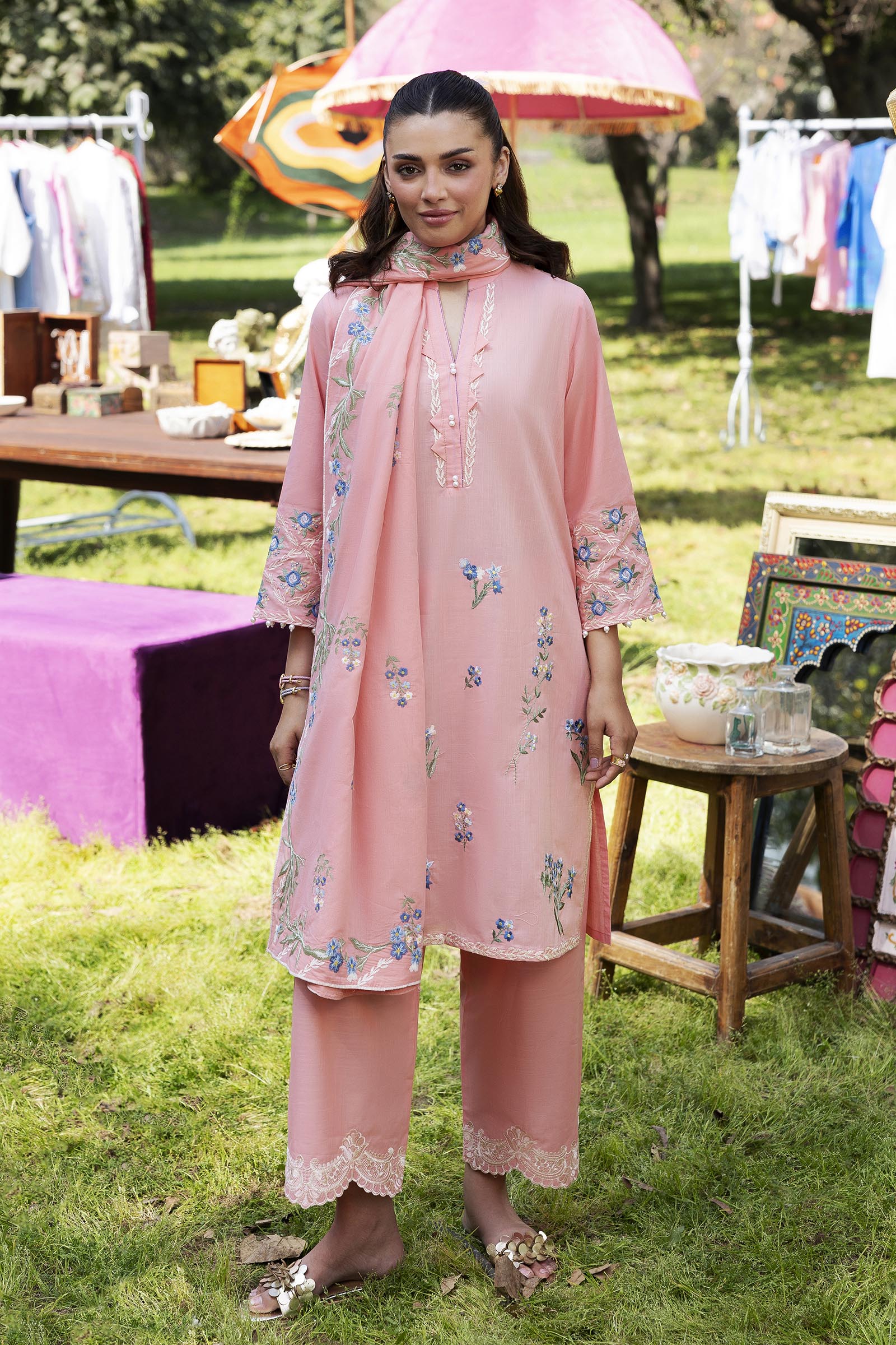 Stitched Embroidered Slub Lawn Suit