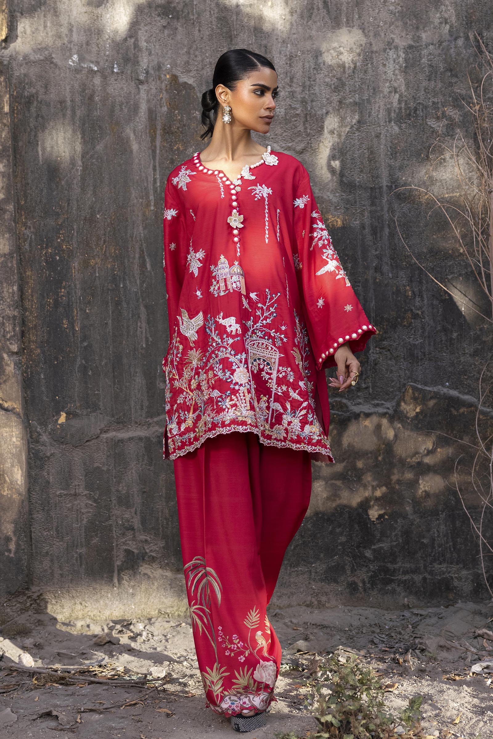 Stitched Embroidered Raw Silk Shirt+ Shalwar