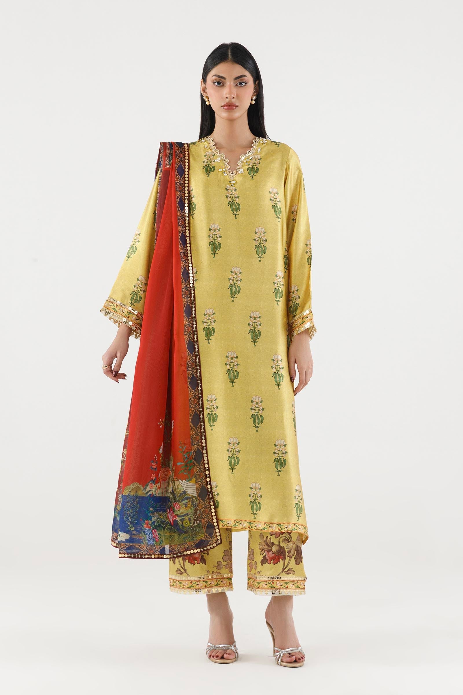 Stitched Printed Satin Suit