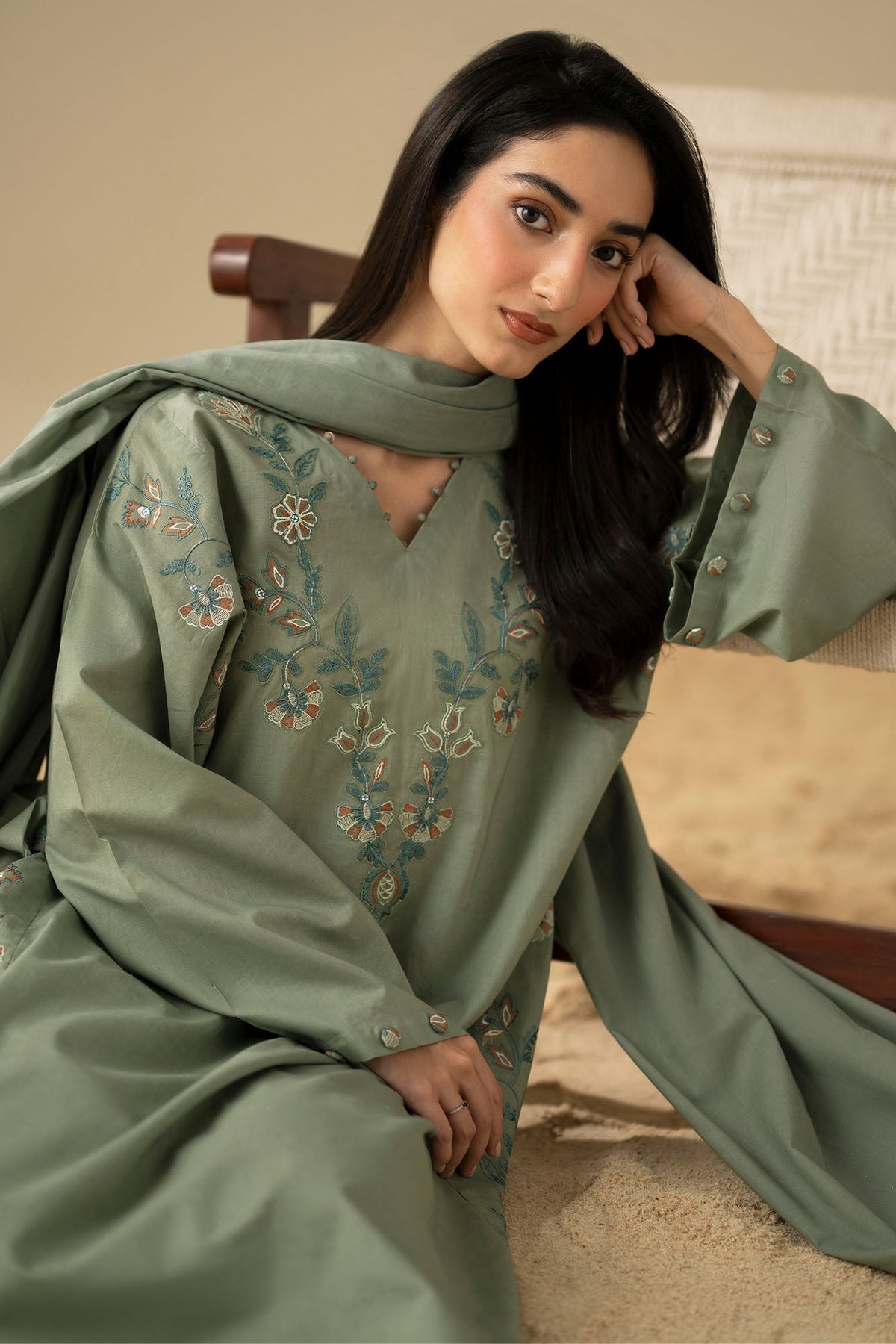 OLIVE DUSK-3PC (SHIRT, TROUSER & DUPATTA)