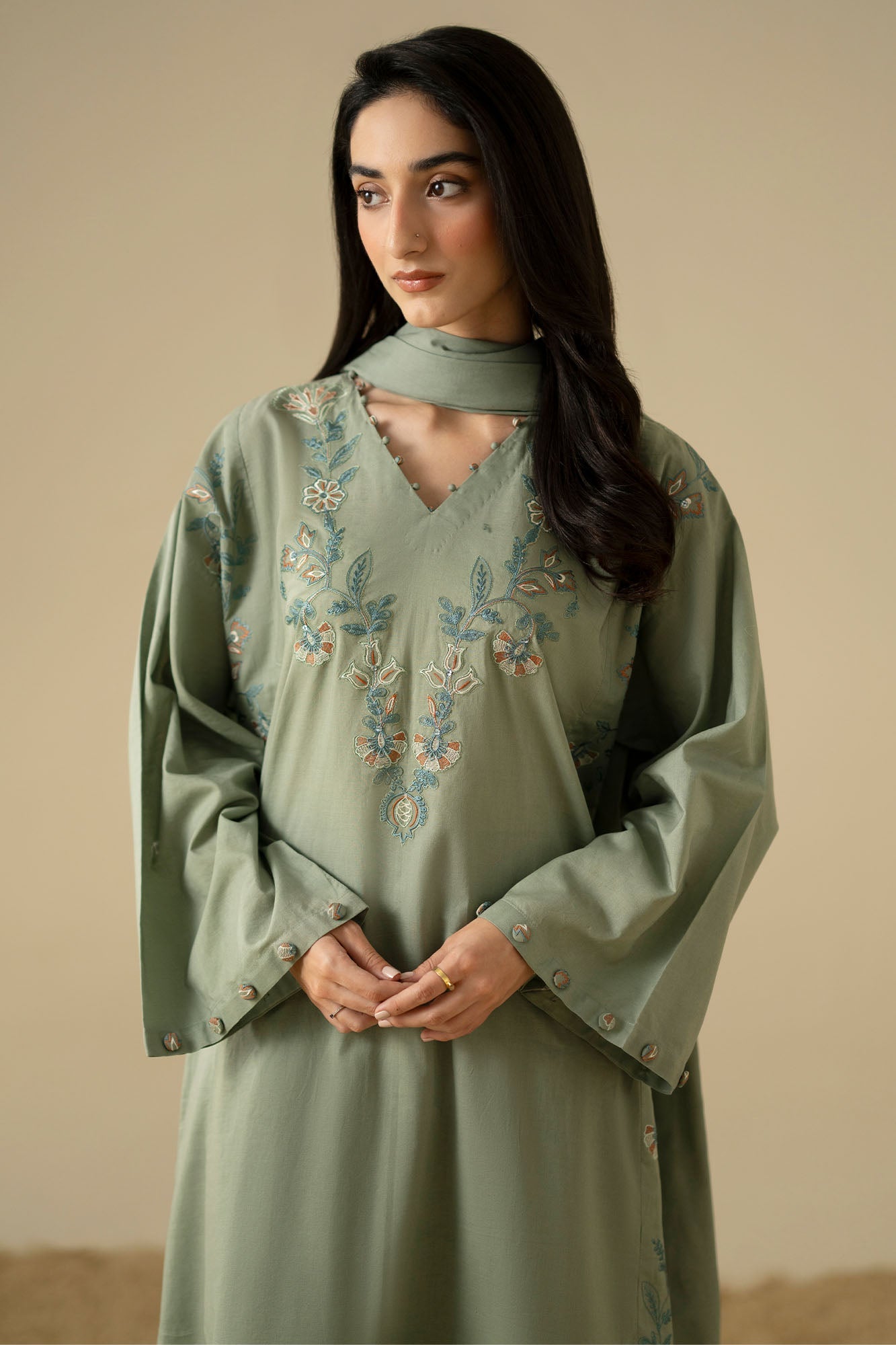 OLIVE DUSK-3PC (SHIRT, TROUSER & DUPATTA)