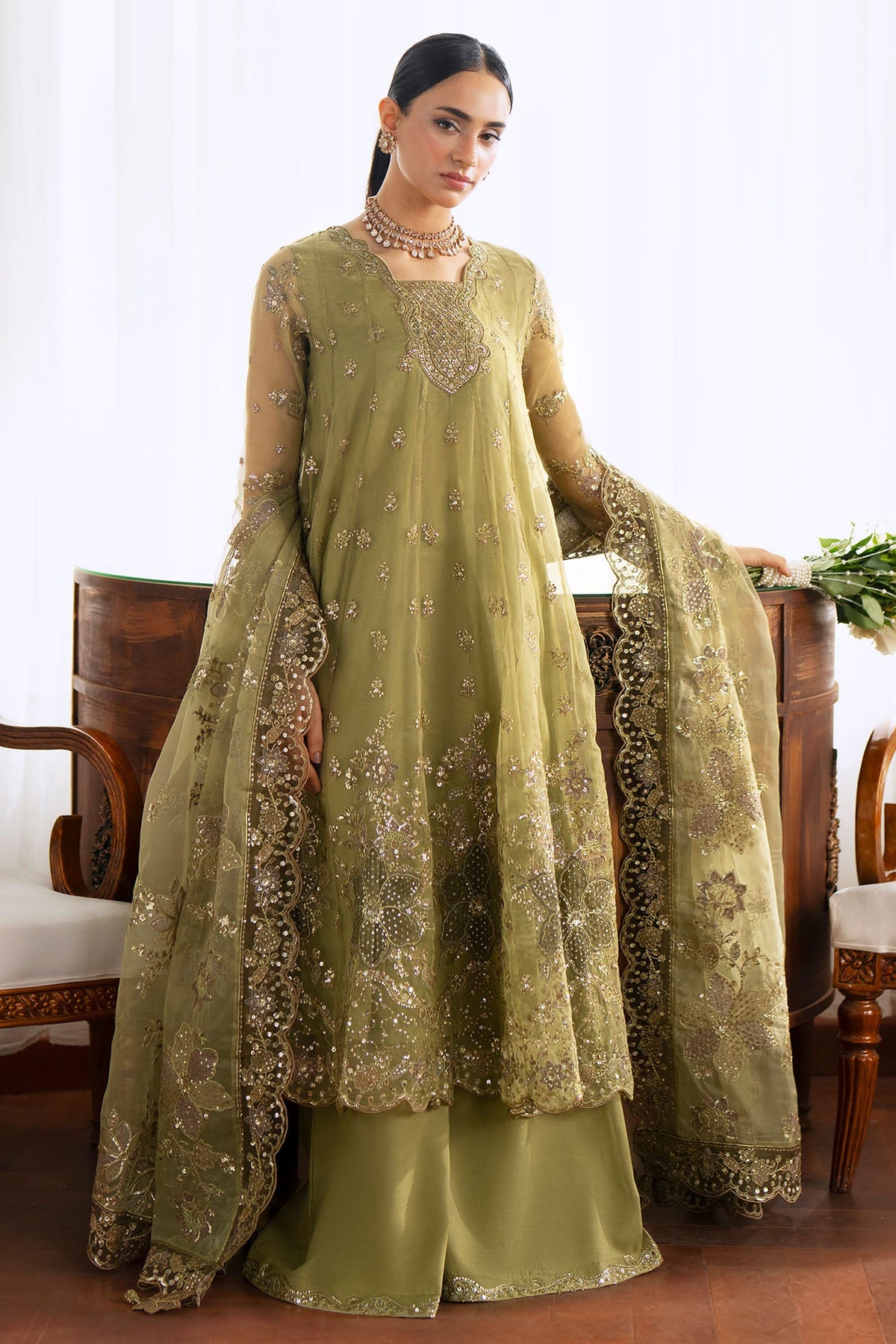 GOLDEN GROVE-3PC POLY ORGANZA EMBROIDERED PRET