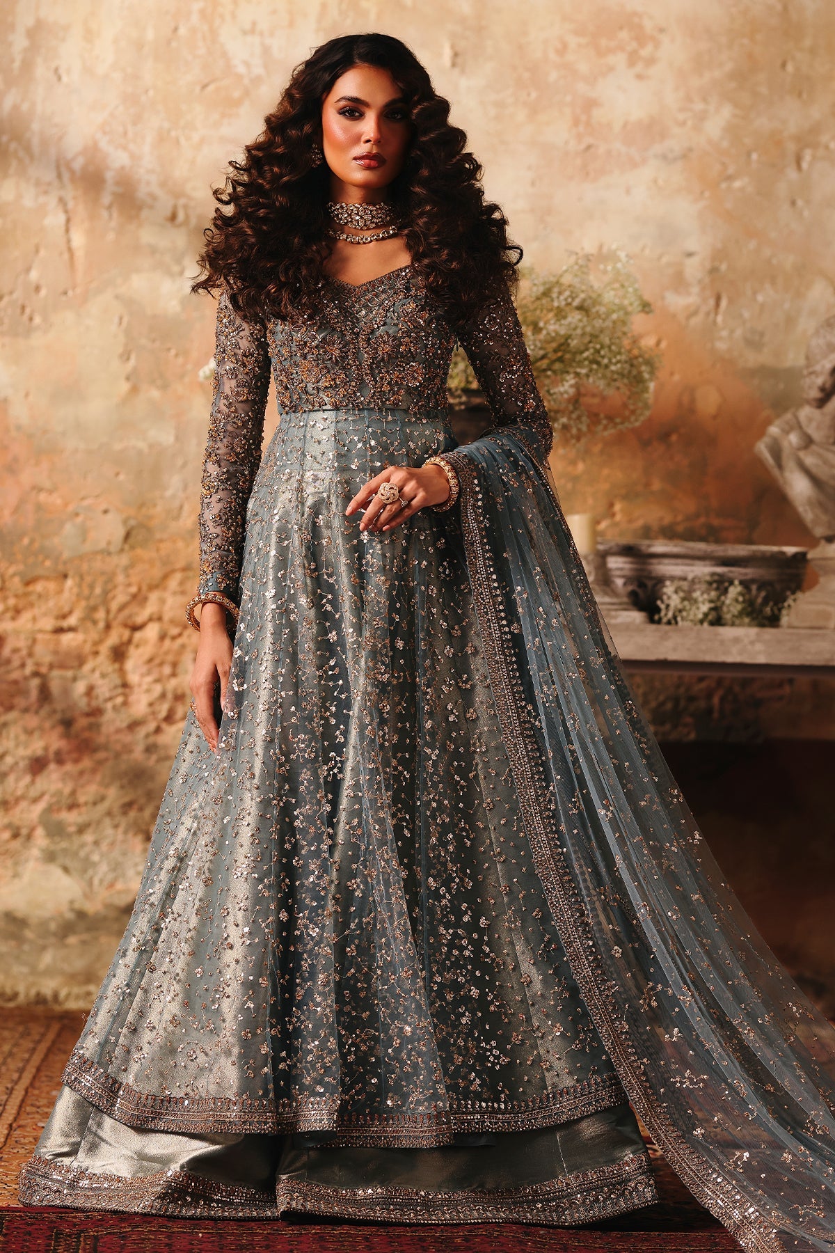 3-PC Embroidered  Net STM-5-014 - BLUE