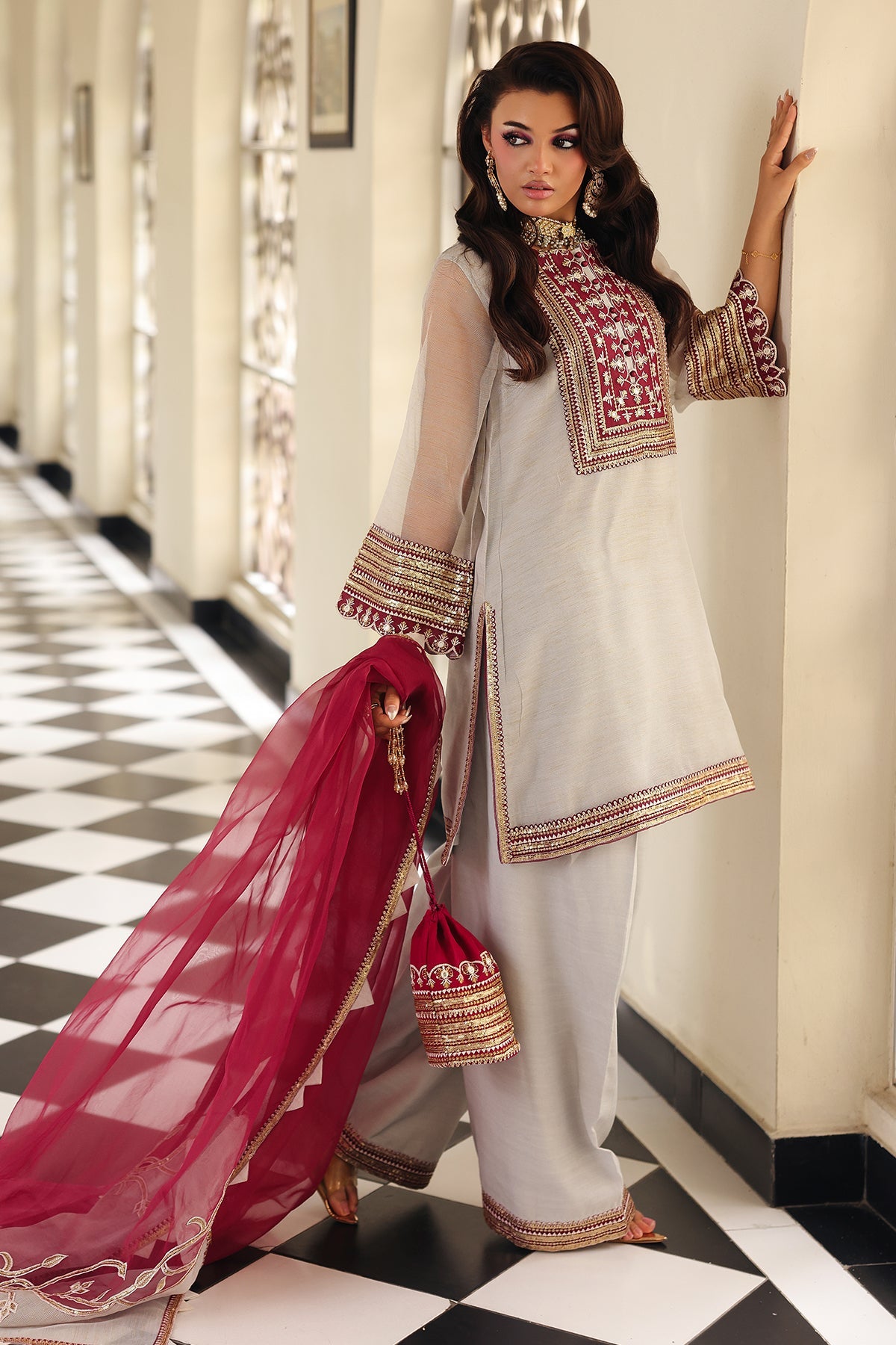 3-PC Embroidered  Cotton Net CMA-5-233