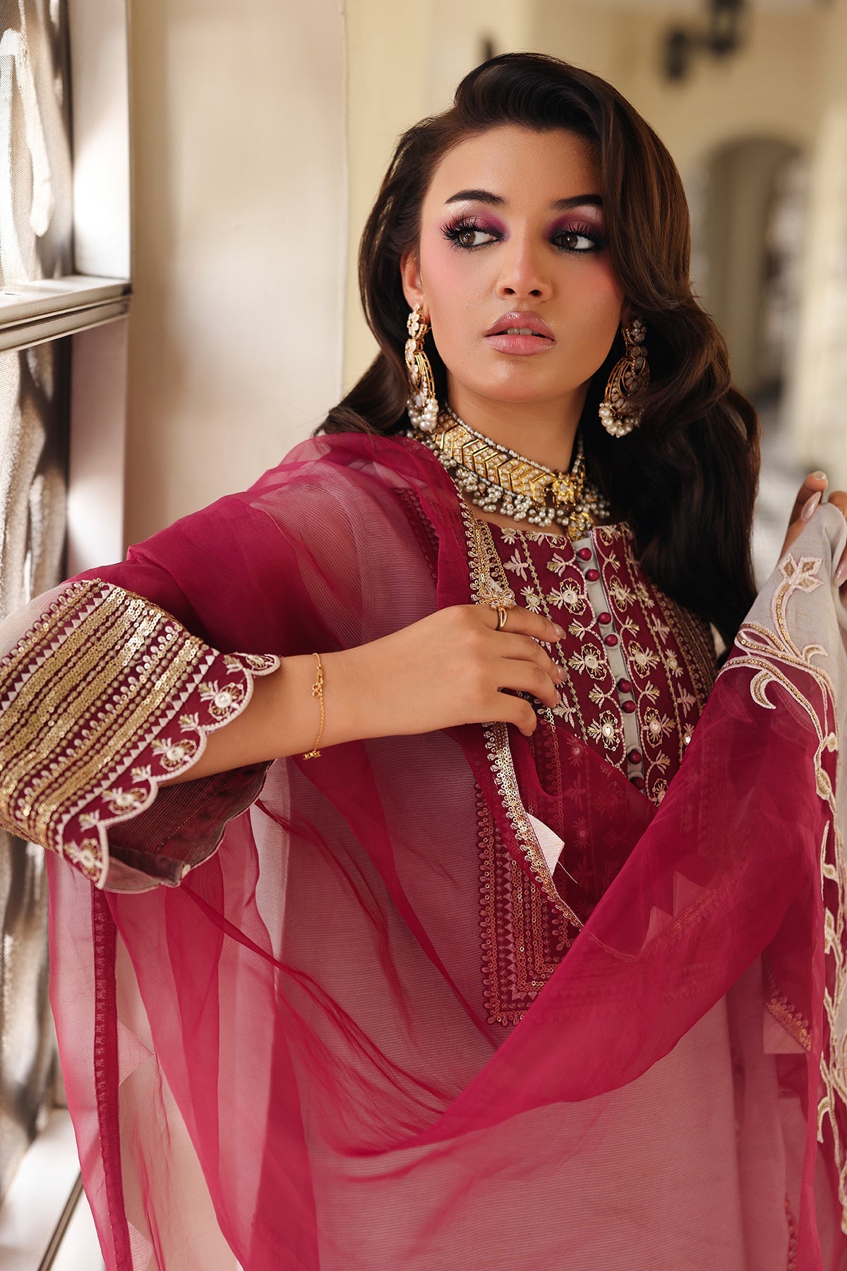 3-PC Embroidered  Cotton Net CMA-5-233