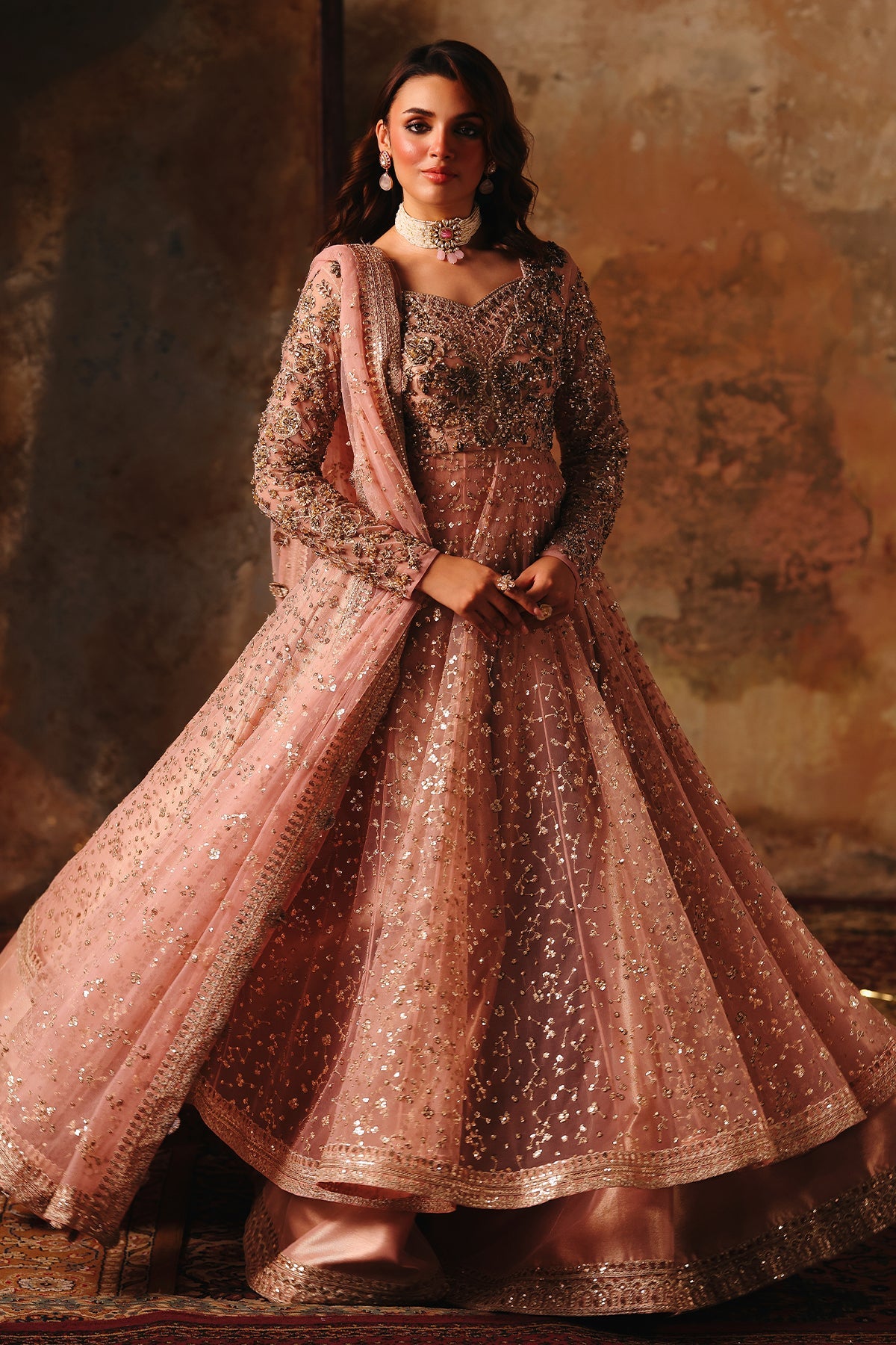 3-PC Embroidered  Net STM-5-06- Rose Gold