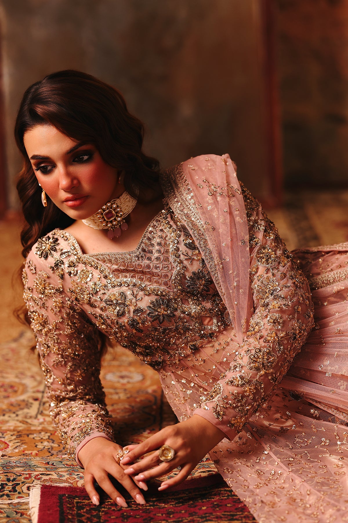 3-PC Embroidered  Net STM-5-06- Rose Gold