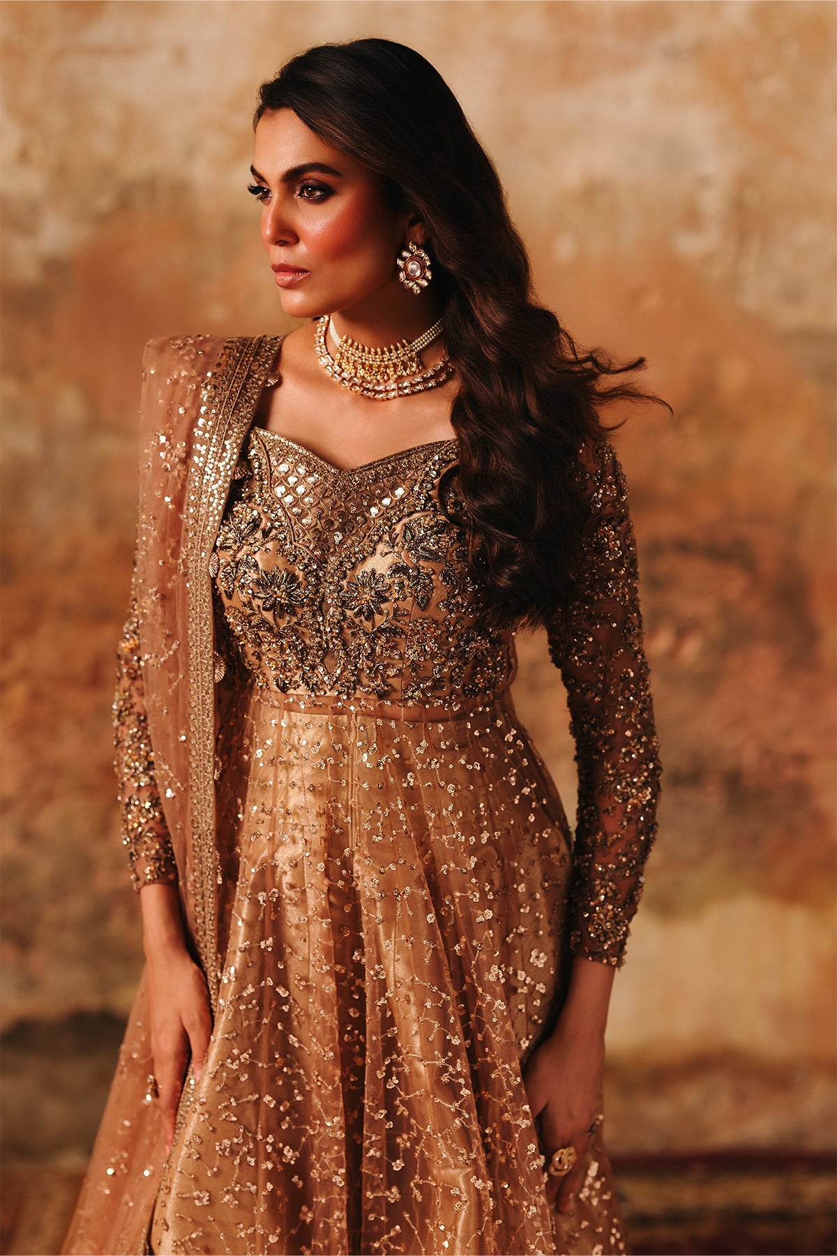 3-PC Embroidered  Net STM-5-015 - Peach