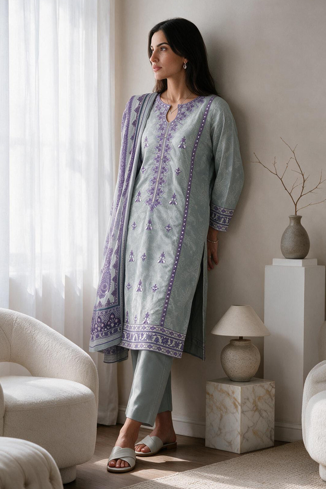 Embroidered Kurta Dupatta Trouser - 2530