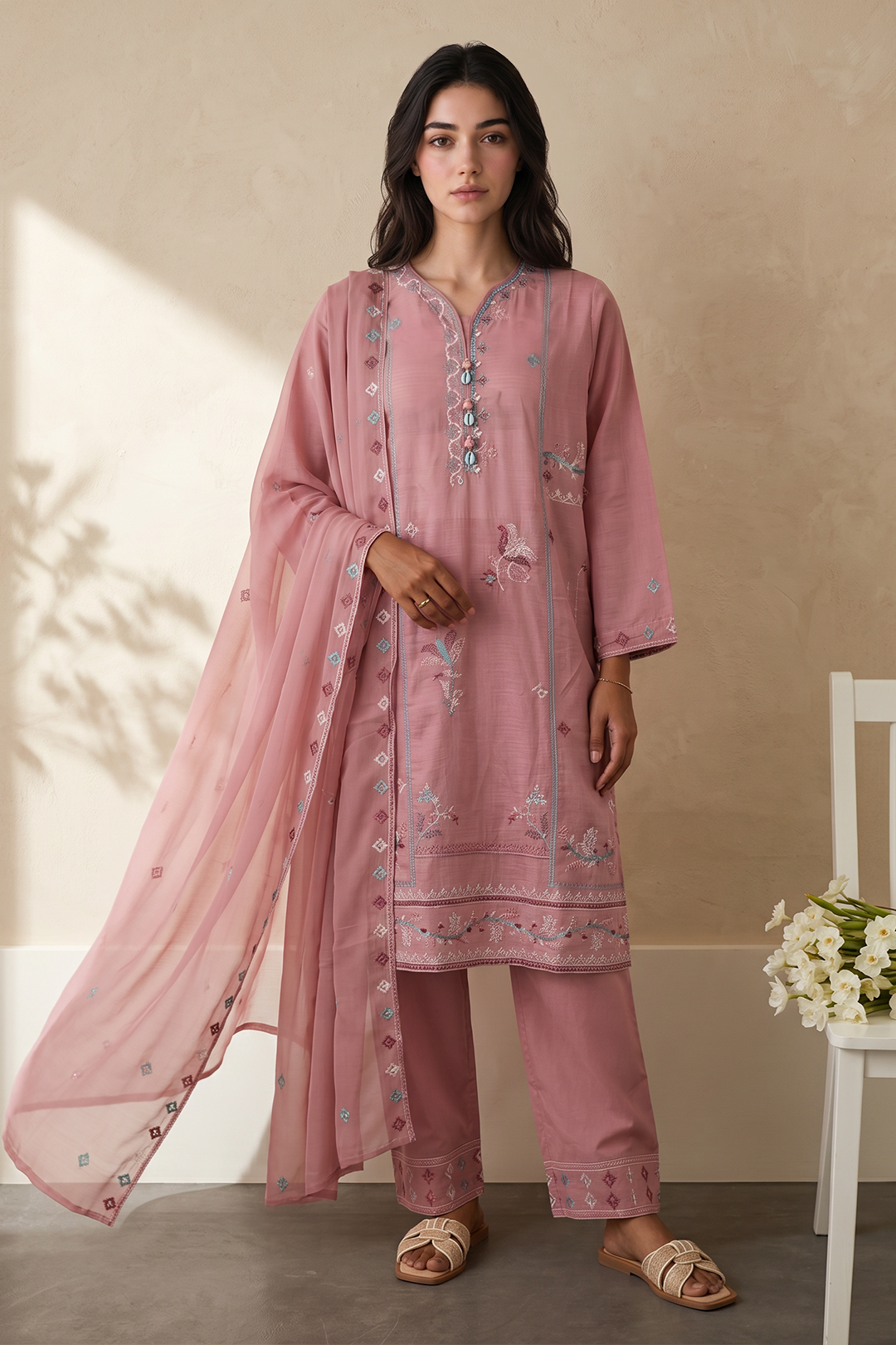 Embroidered Kurta Dupatta Trouser - 3218