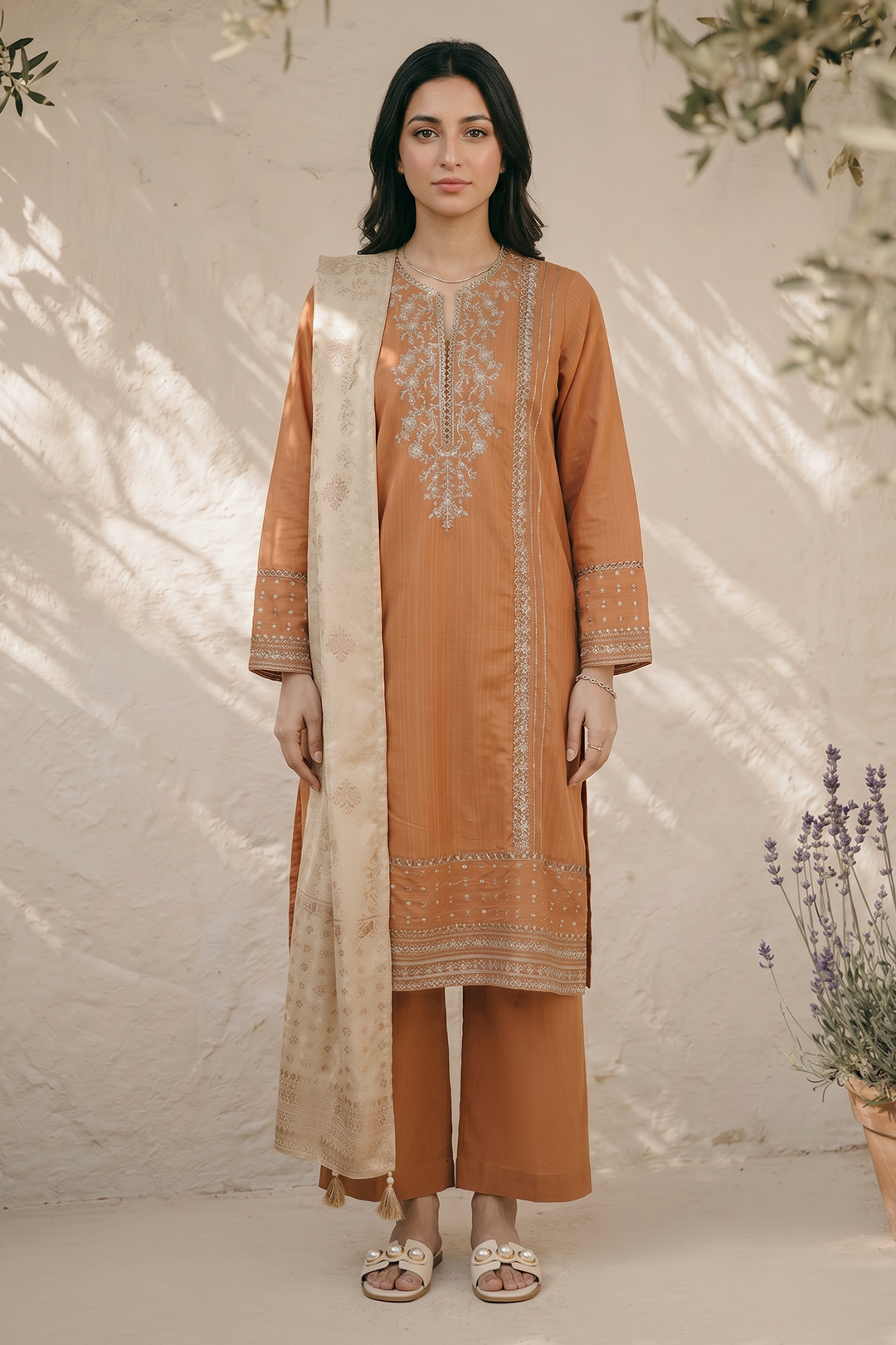 Embroidered Kurta Shawl Trouser - 2521