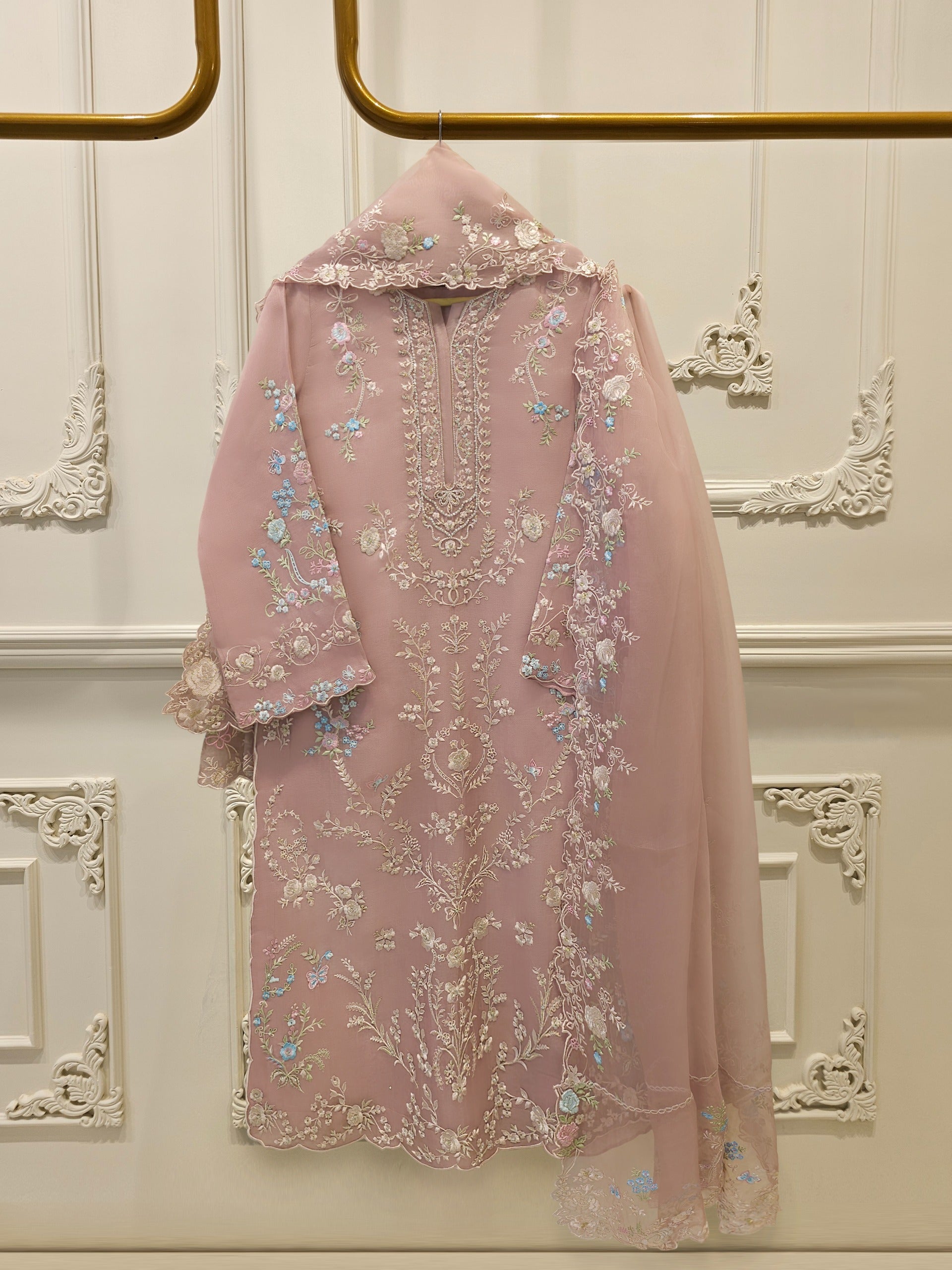 3 Piece - Pure Organza Embroidered Suit S114272