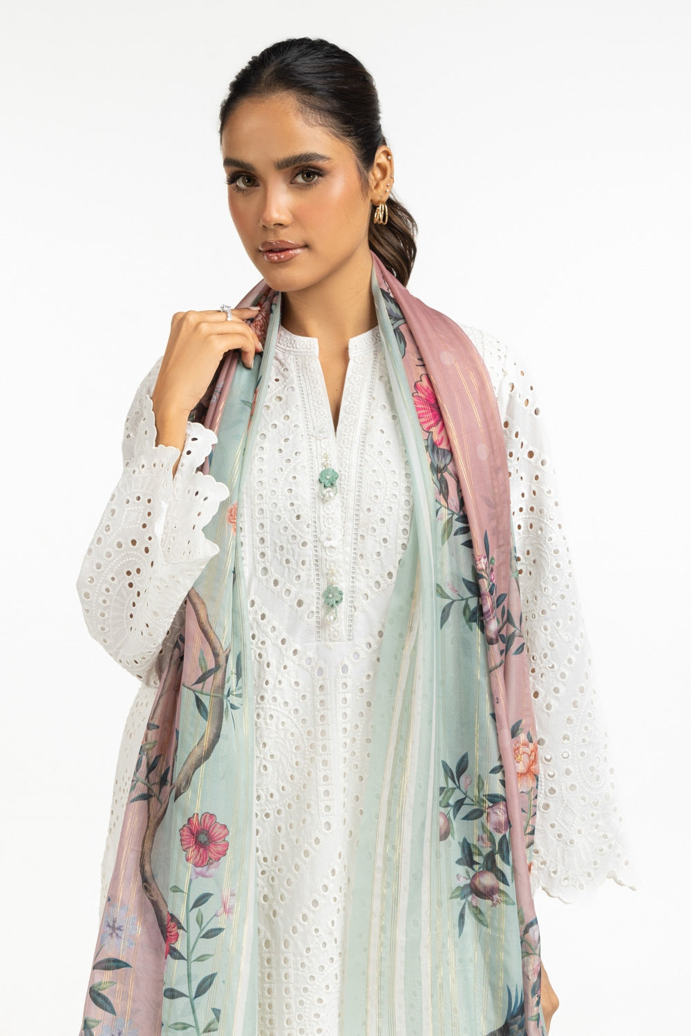 Cambric Schiffli Embroidered Shirt And Dupatta