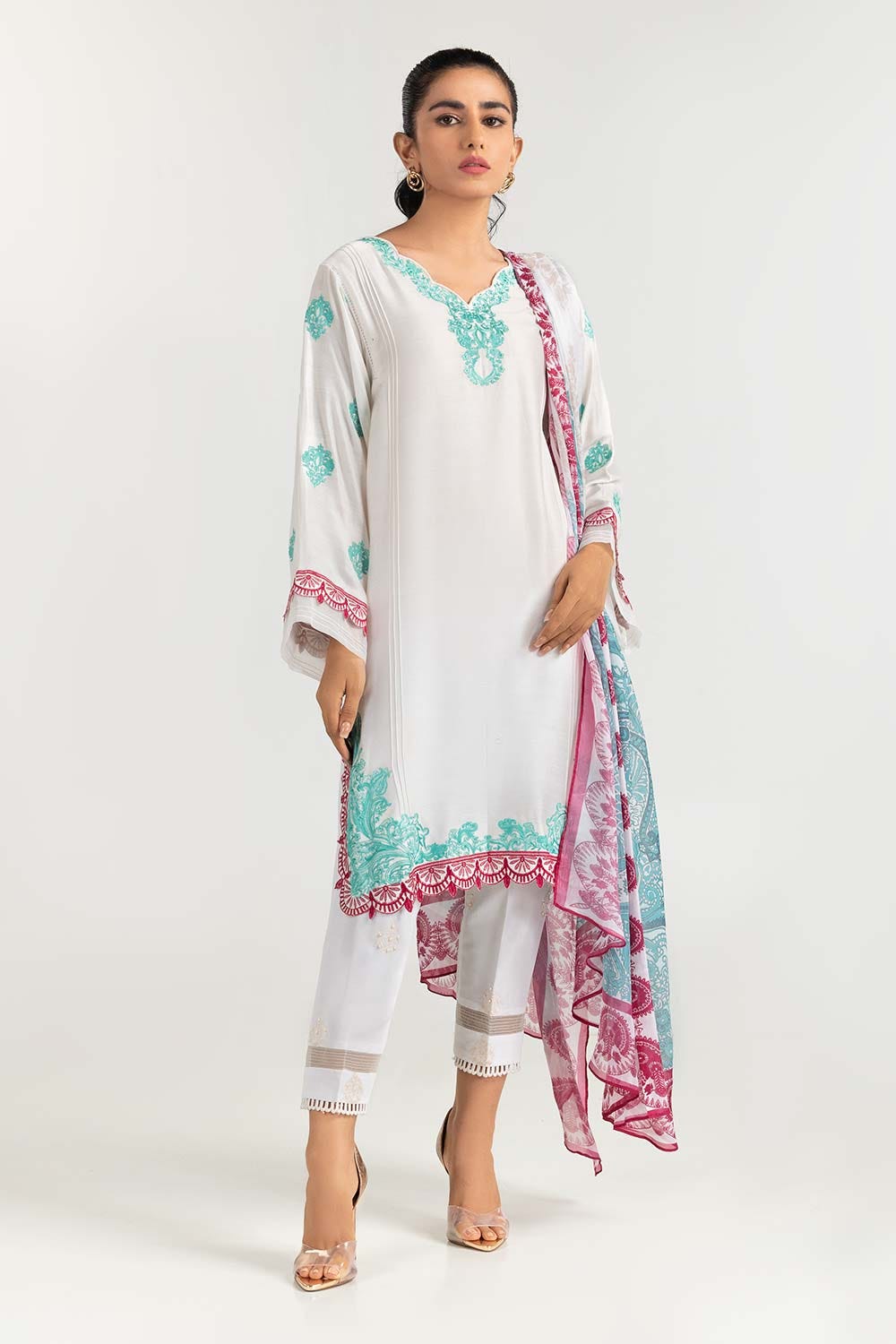 2 Piece Khadi Net Embroidered Shirt With Dupatta