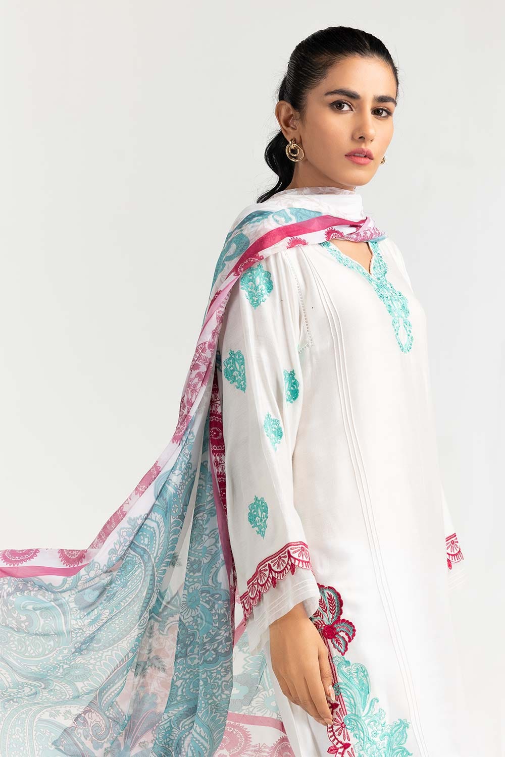 2 Piece Khadi Net Embroidered Shirt With Dupatta