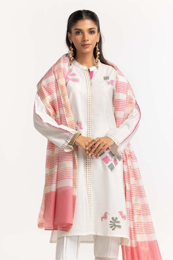 Dyed Screen Print Cotton Net Shirt With Yarn Dyed Dupatta