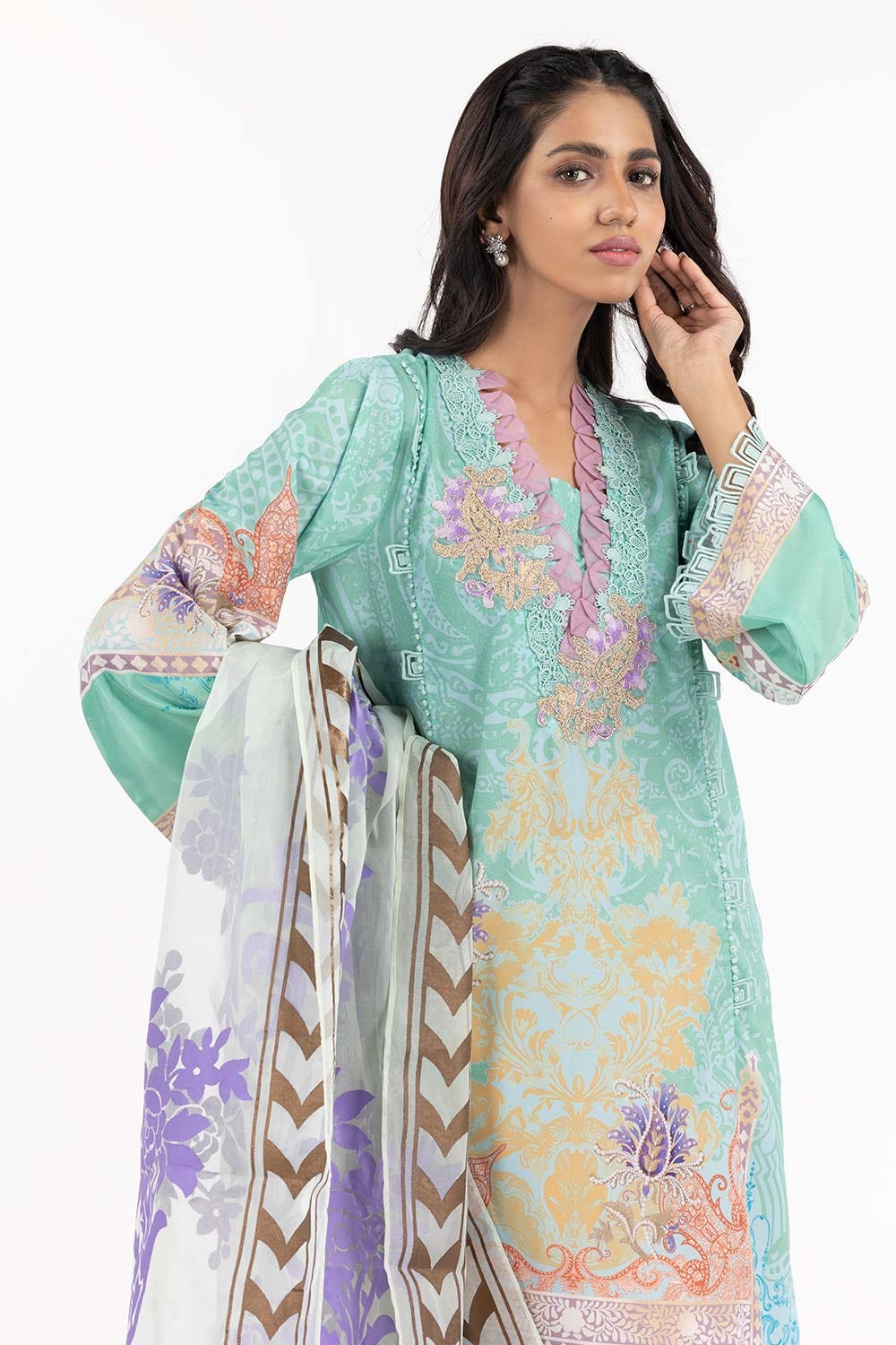 Luxury Pret Printed Poly Crepe Embelished Kurti
