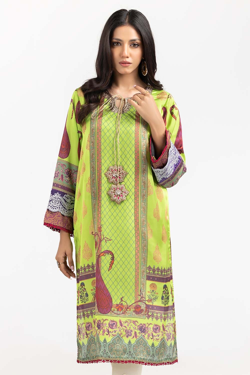 Luxury Pret Printed Charmeuse silk Embroidered Kurti