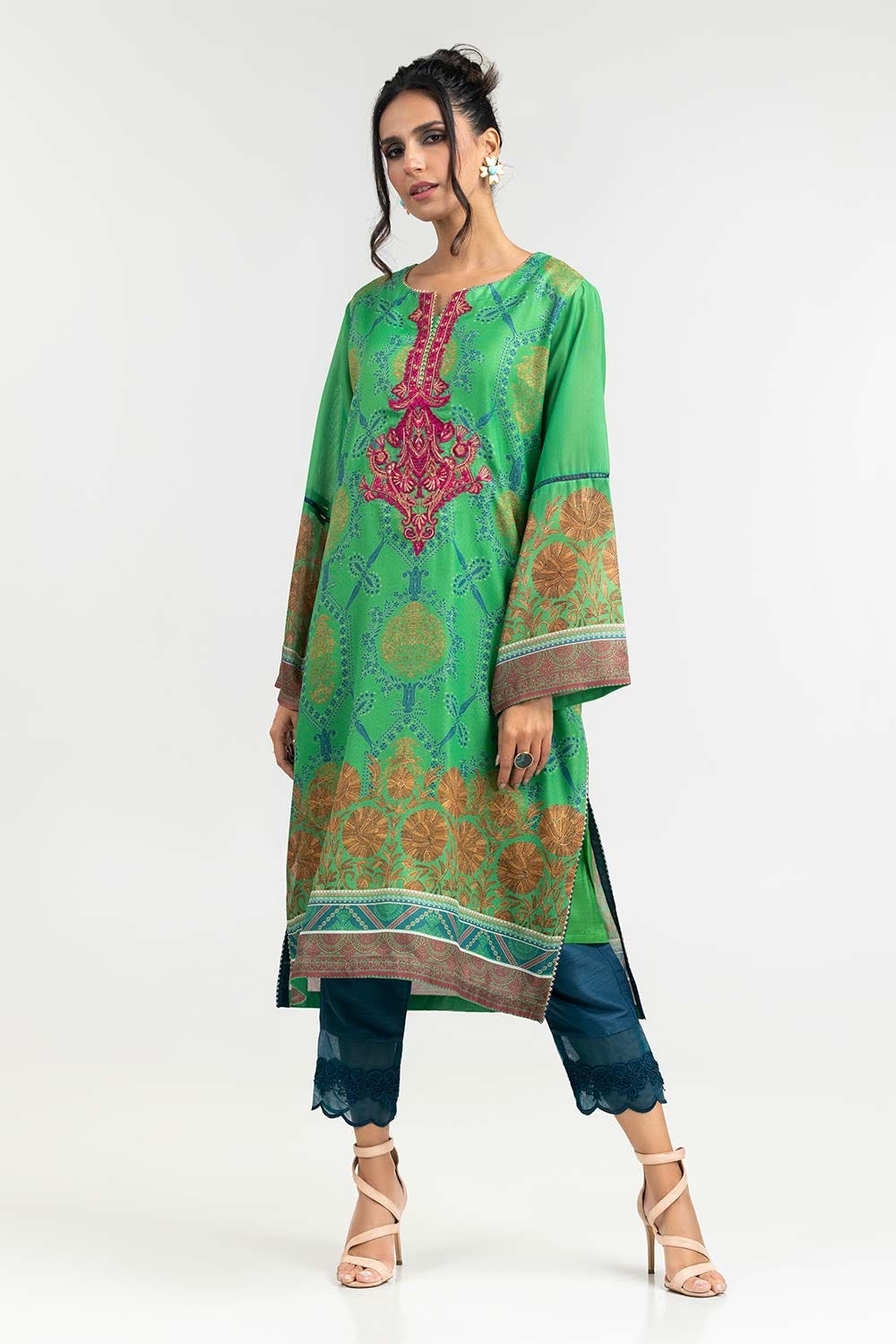 Luxury Pret Printed Khadi Net Embroidered Kurti And Trouser
