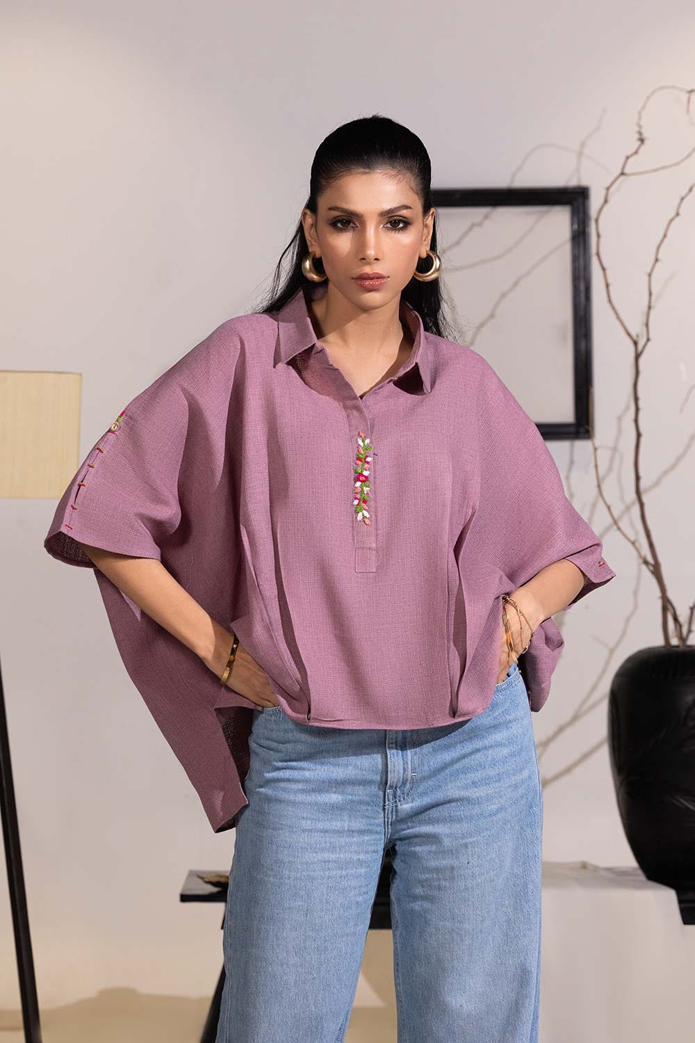 Dobby Jute Embroidered Drop Shoulder Tunic
