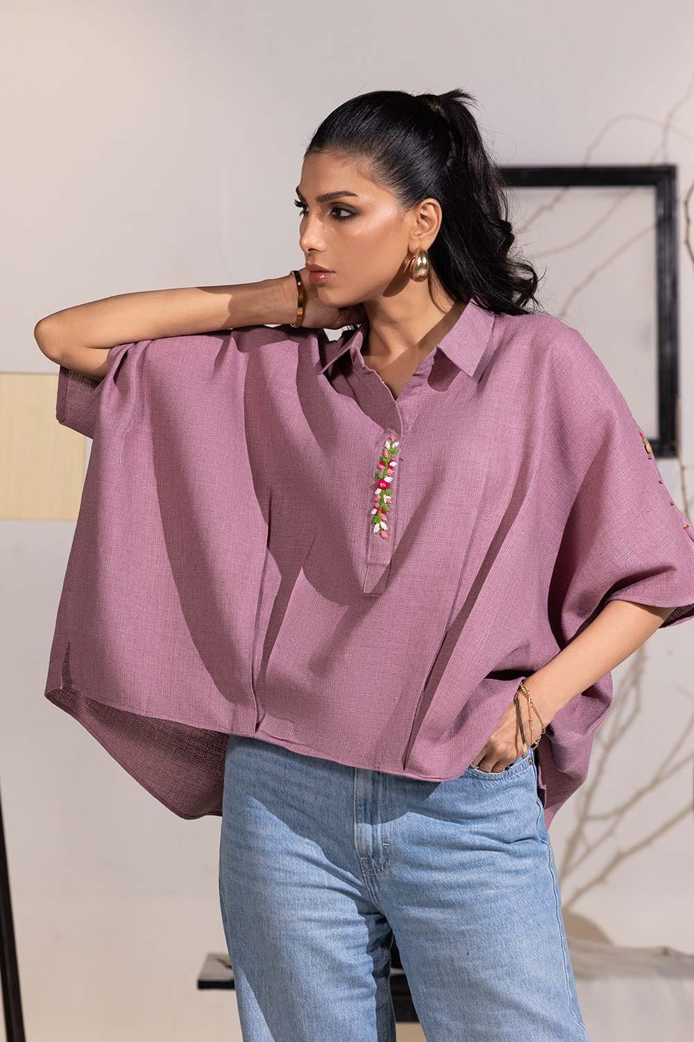 Dobby Jute Embroidered Drop Shoulder Tunic