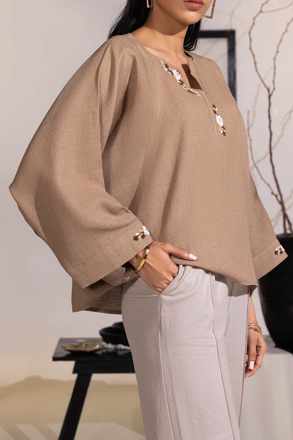 Dobby Jute Embroidered Drop Shoulder Tunic