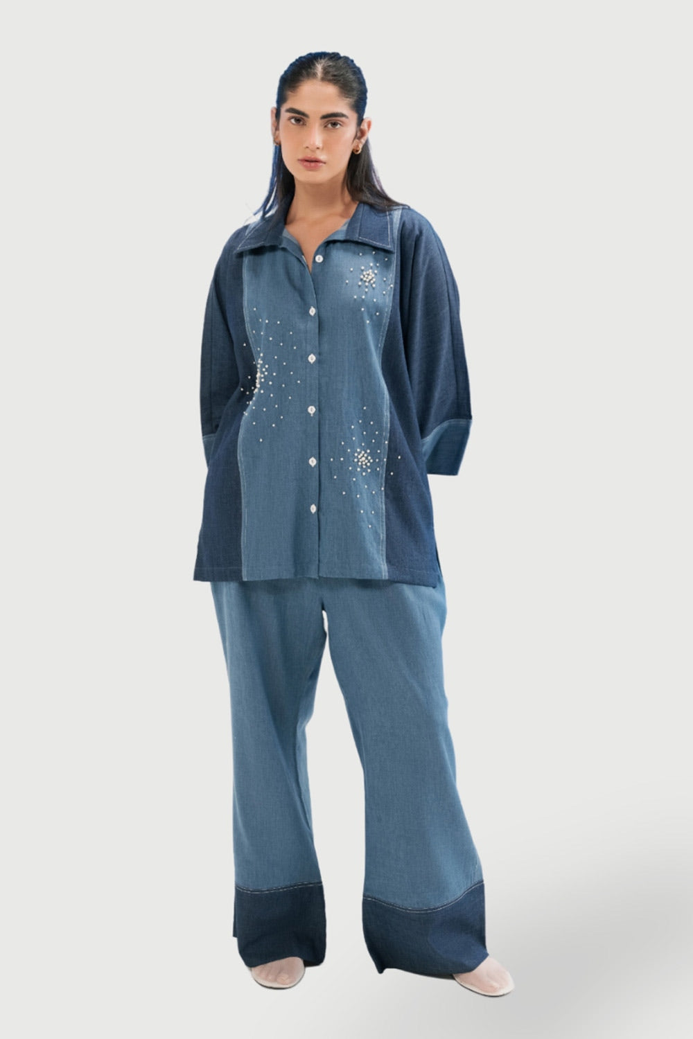 Denim Embellished Button Down Shirt And Trouser
