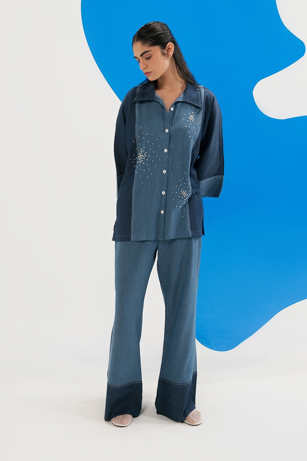 Denim Embellished Button Down Shirt And Trouser