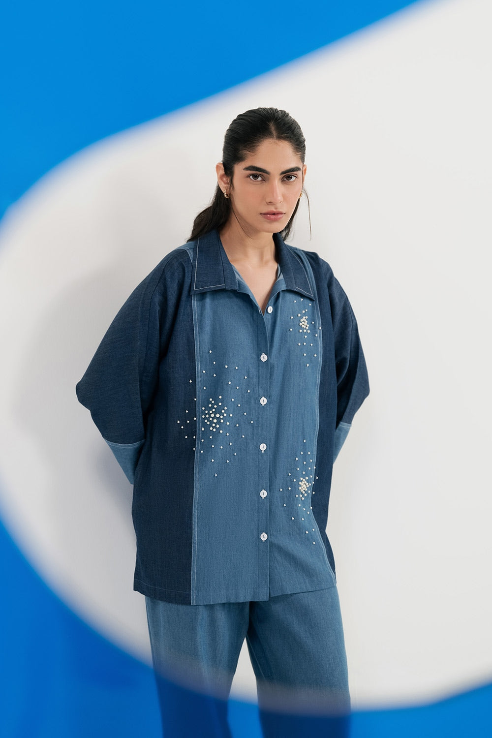 Denim Embellished Button Down Shirt And Trouser