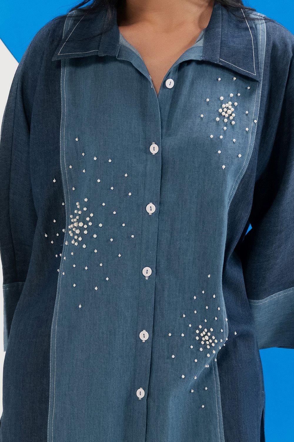 Denim Embellished Button Down Shirt And Trouser