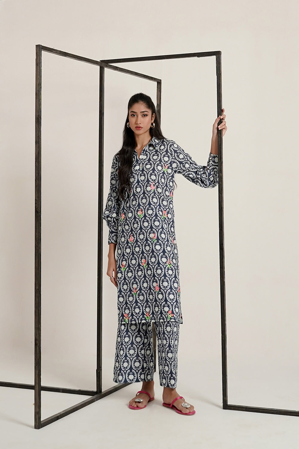 Cross Slub Printed With Embroidered Co-Ord Set