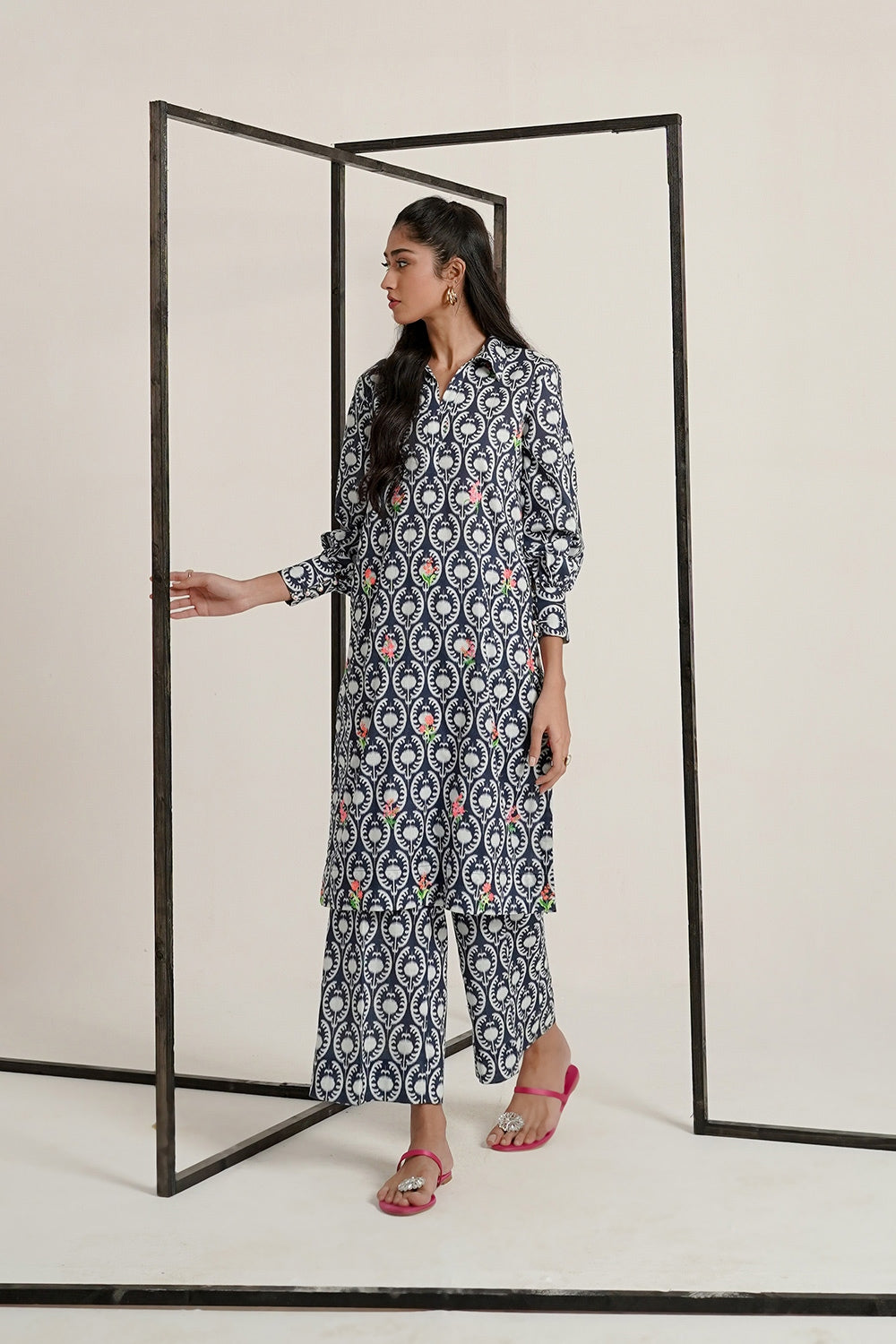 Cross Slub Printed With Embroidered Co-Ord Set