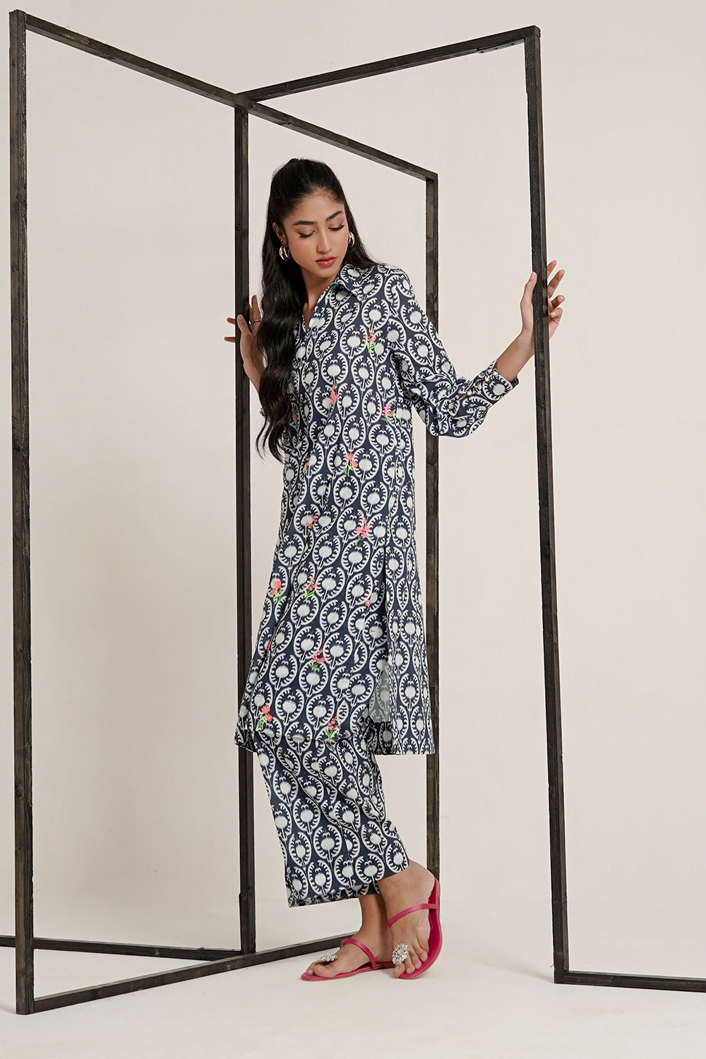 Cross Slub Printed With Embroidered Co-Ord Set