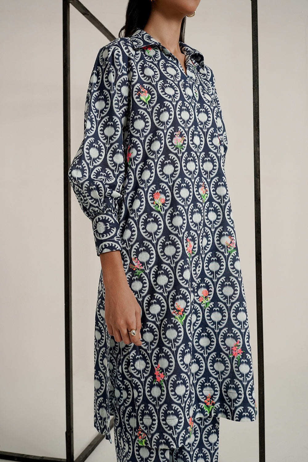 Cross Slub Printed With Embroidered Co-Ord Set