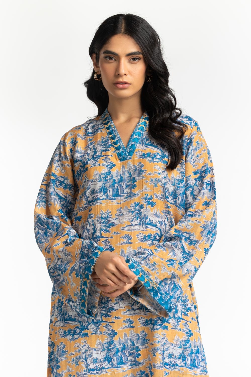 Textured Dobby Printed  Shirt With Embroidered