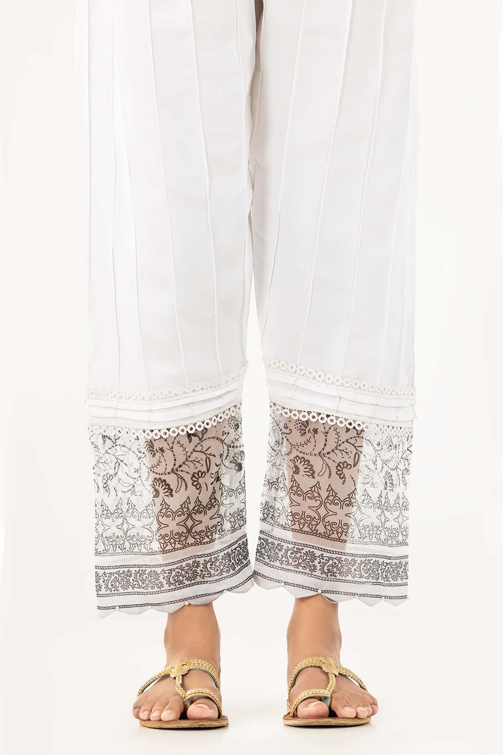 White Screen Printed Raw Silk Pants