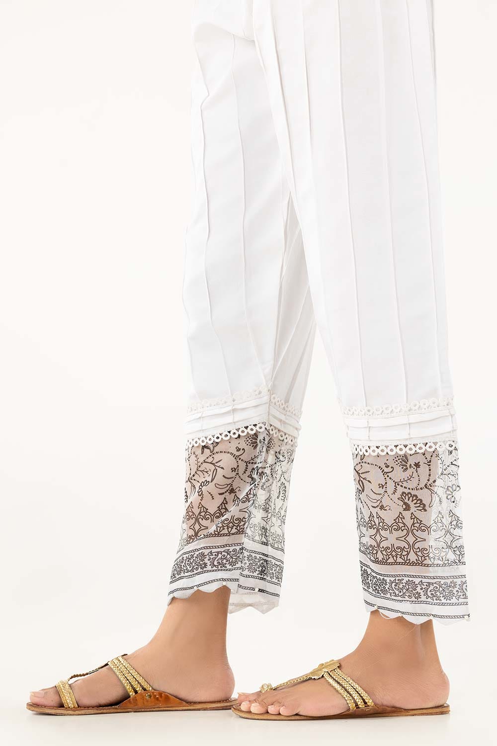 White Screen Printed Raw Silk Pants