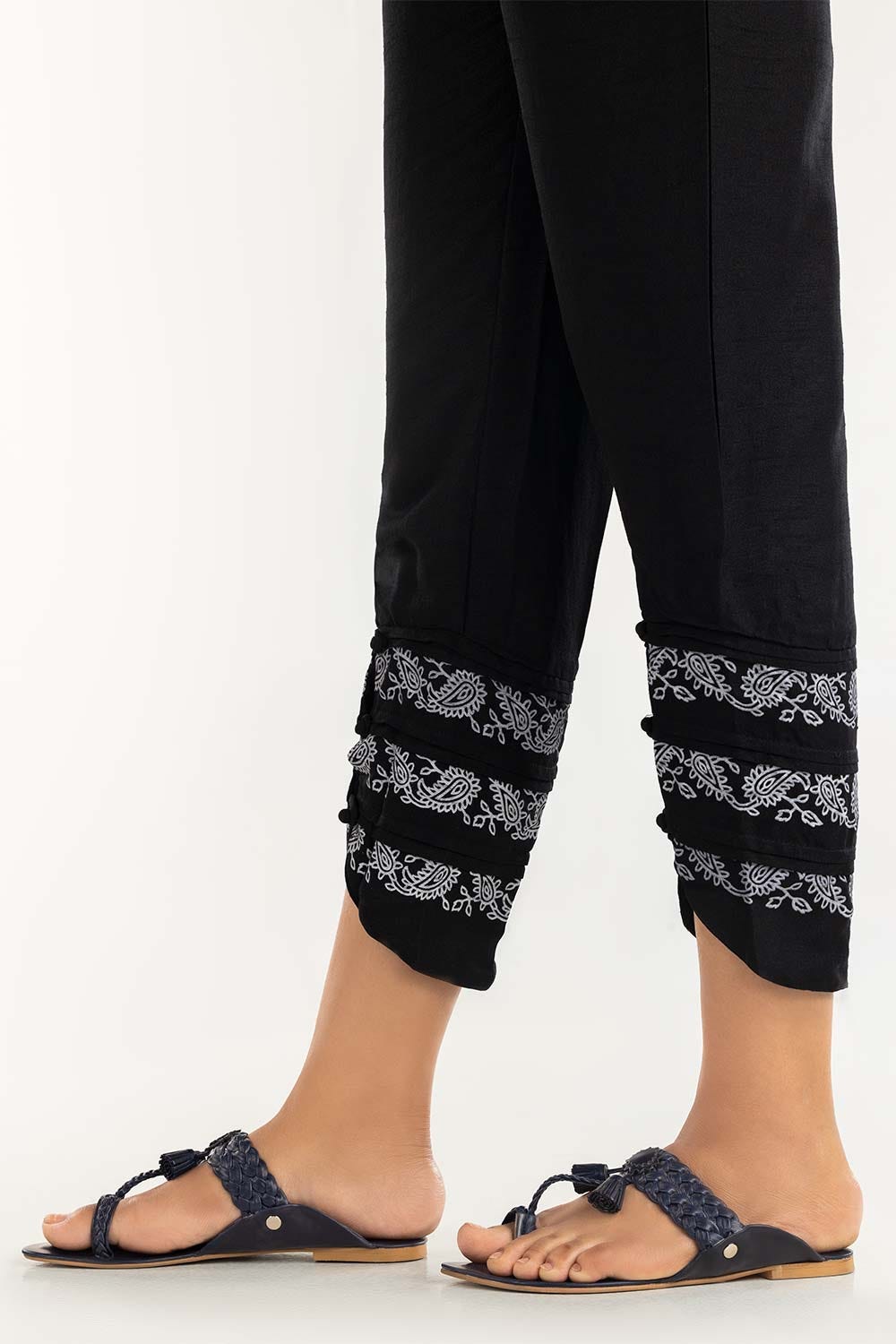 Black Screen Printed Raw Silk Pants