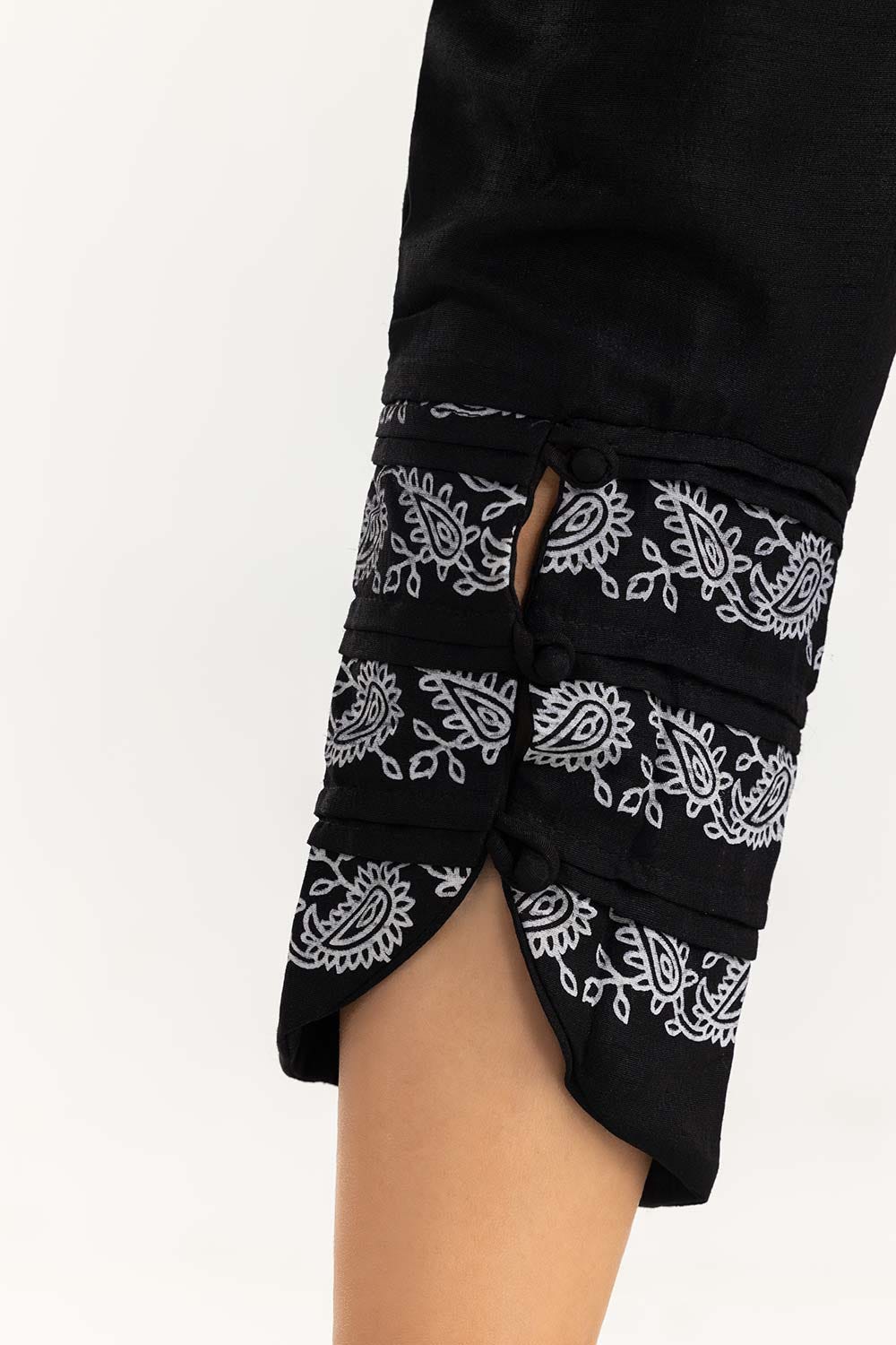 Black Screen Printed Raw Silk Pants