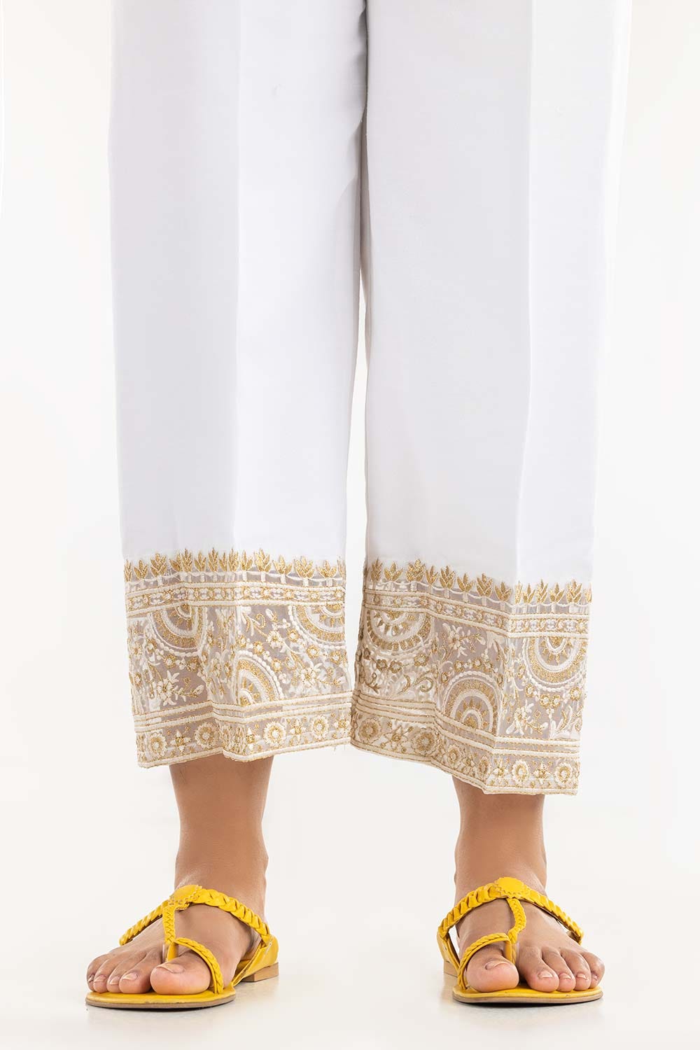 White Embroidered Raw Silk Pants