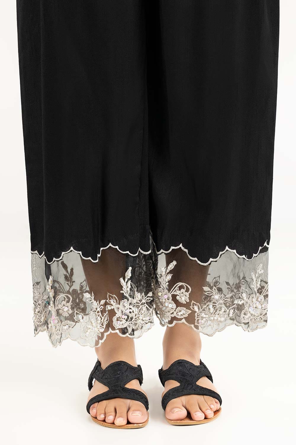 Black Embroidered Raw Silk Trousers