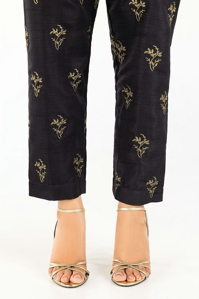 Black Embroidered Raw Silk Pants TR-21-48