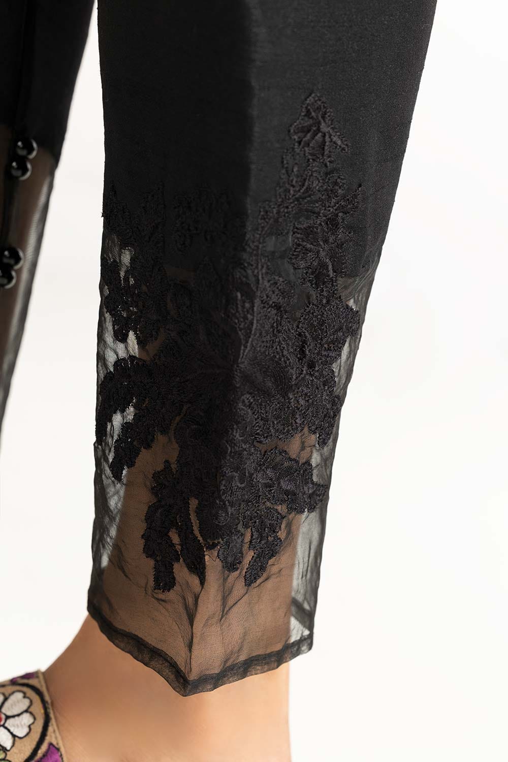 Black Embroidered Raw Silk Trousers